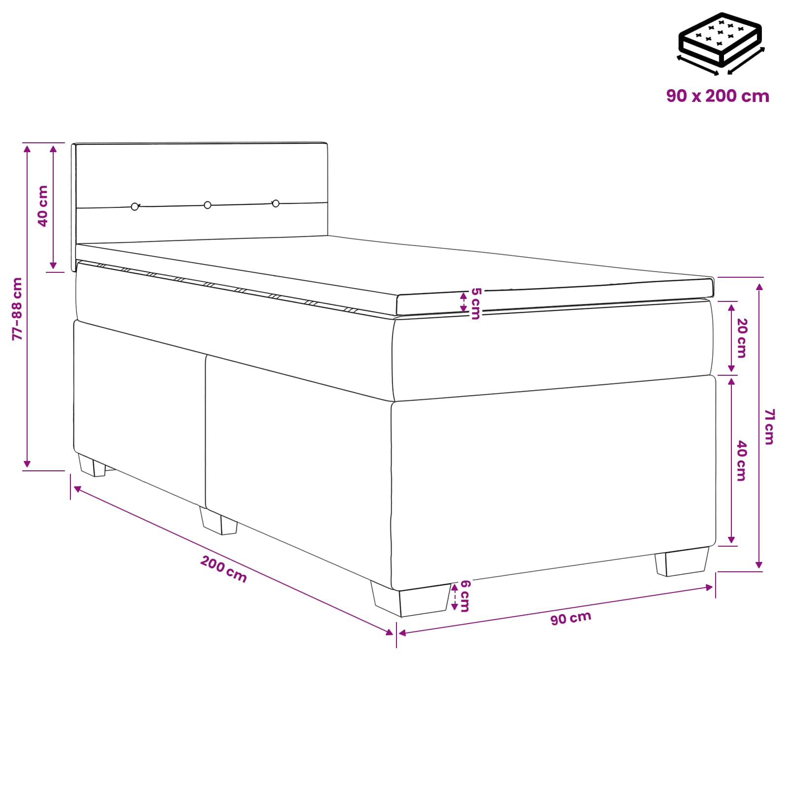Lit boxspring avec matelas Bleu foncé 90 x 200 cm Velours