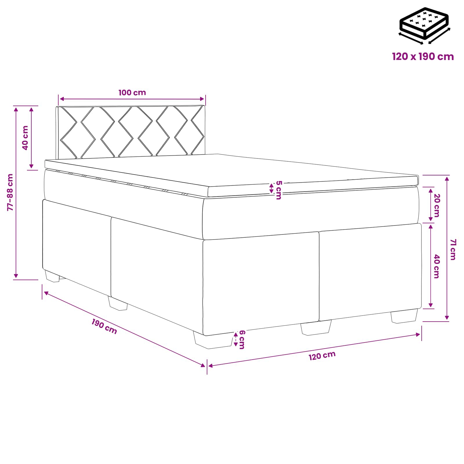 Lit boxspring avec matelas Rose 120 x 190 cm Velours
