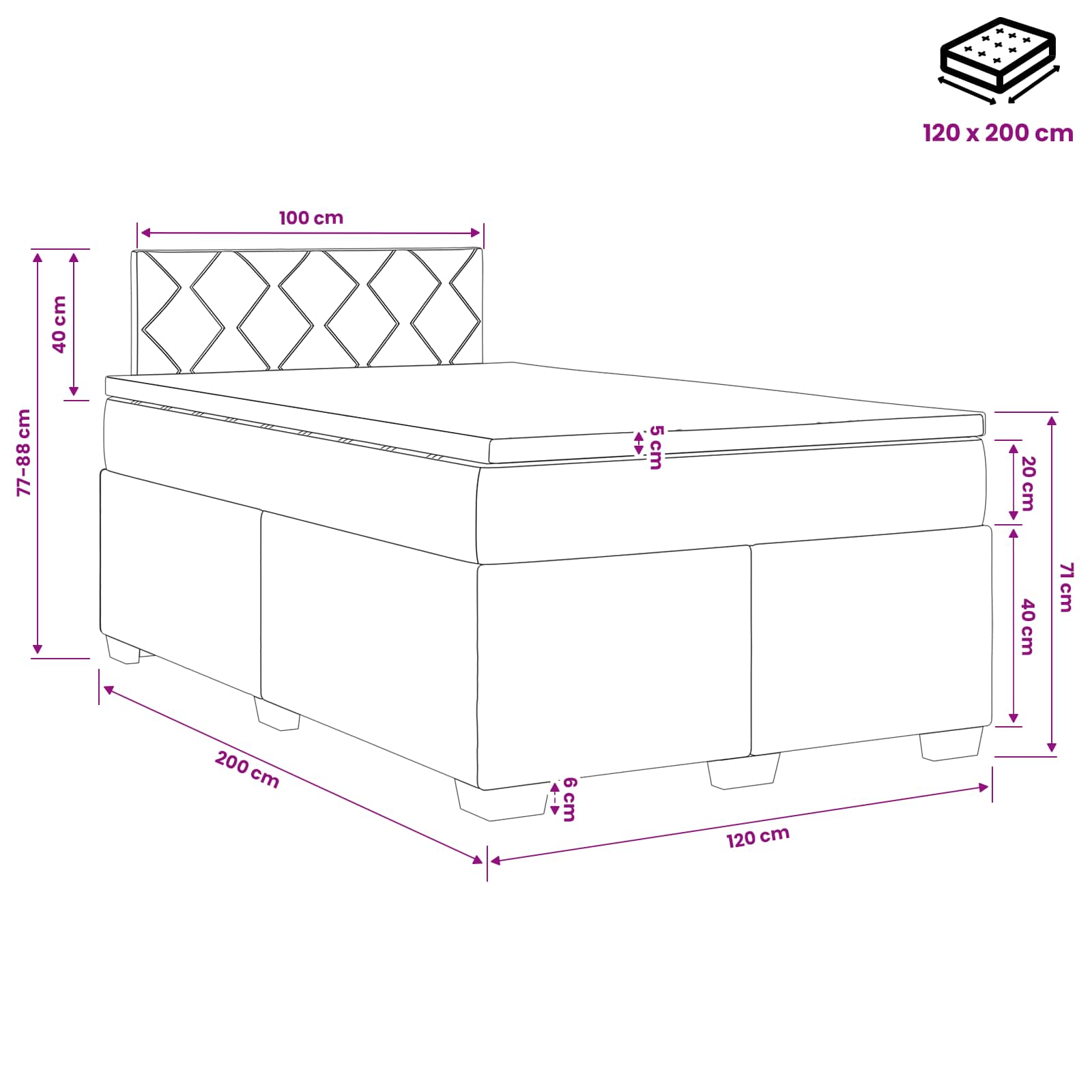 Lit boxspring avec matelas Rose 120 x 200 cm Velours