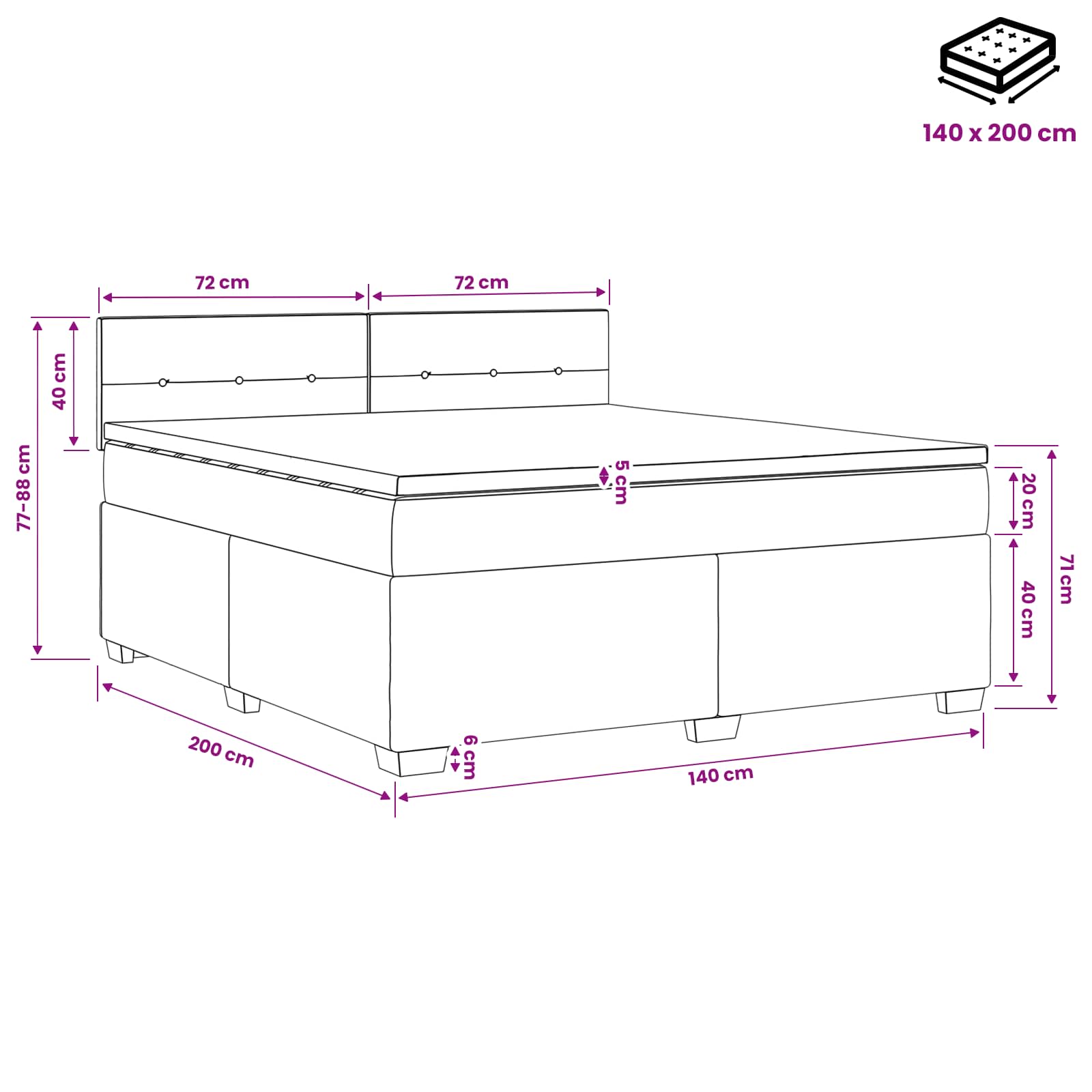 Lit boxspring avec matelas Gris foncé 140 x 200 cm Velours