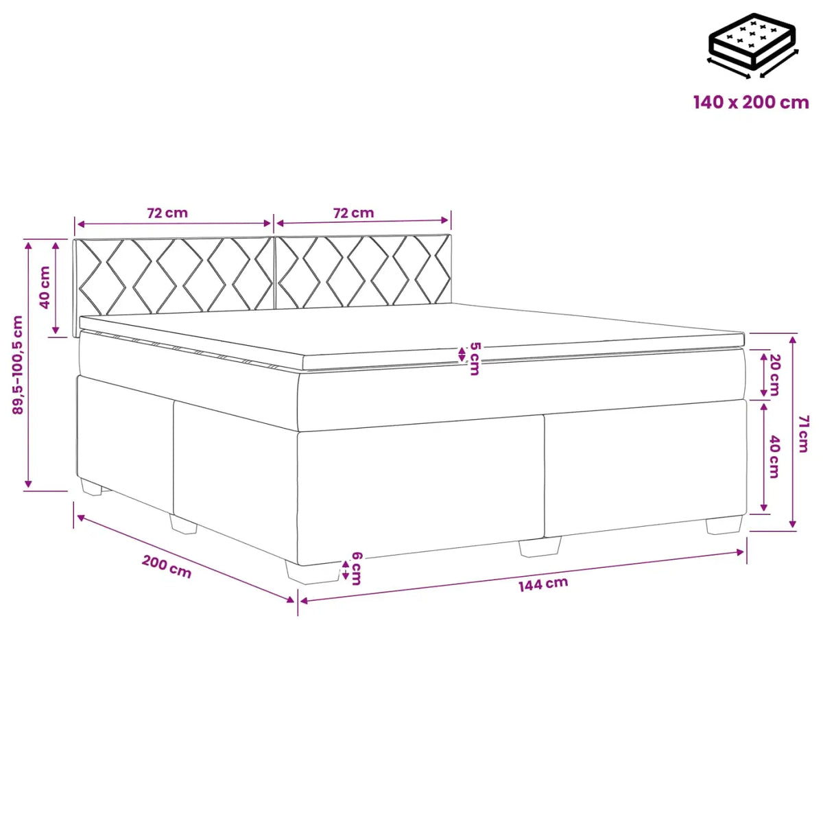 Lit boxspring avec matelas Noir 140 x 200 cm Velours - XIOS