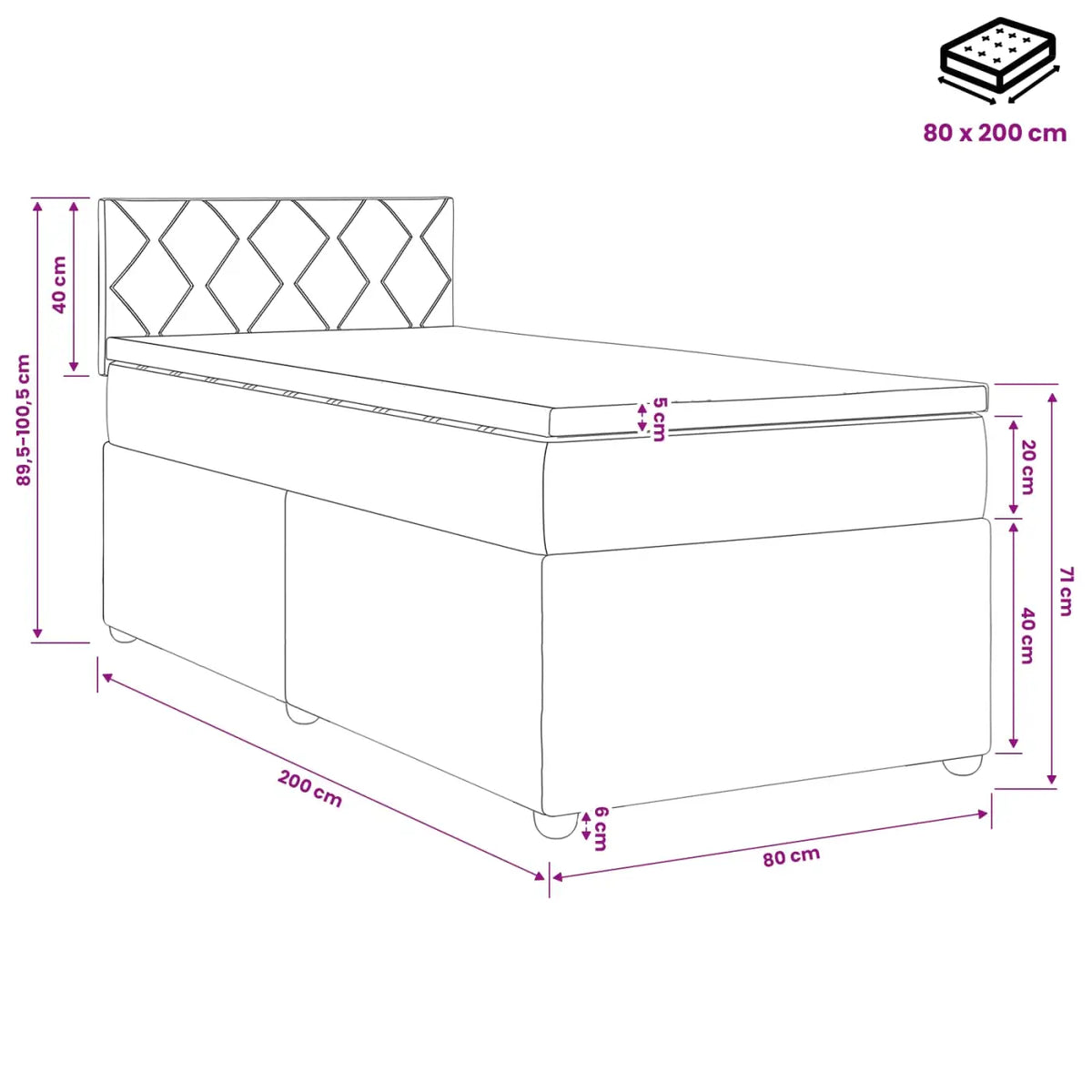 Lit boxspring avec matelas Noir 80 x 200 cm Tissu - XIOS