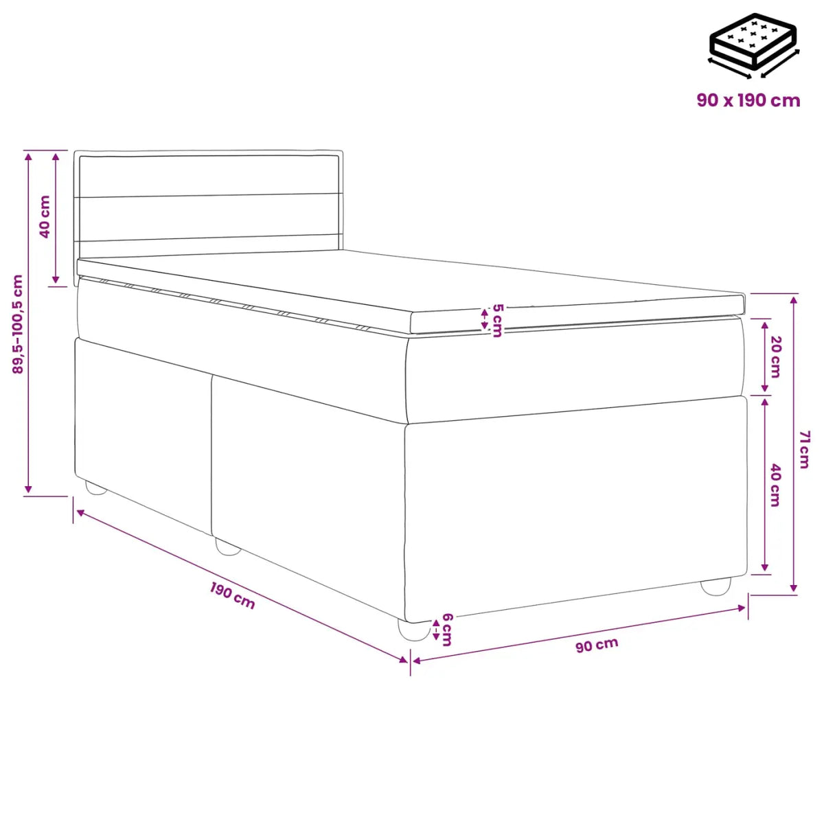 Lit boxspring avec matelas Noir 90 x 190 cm Tissu - XIOS