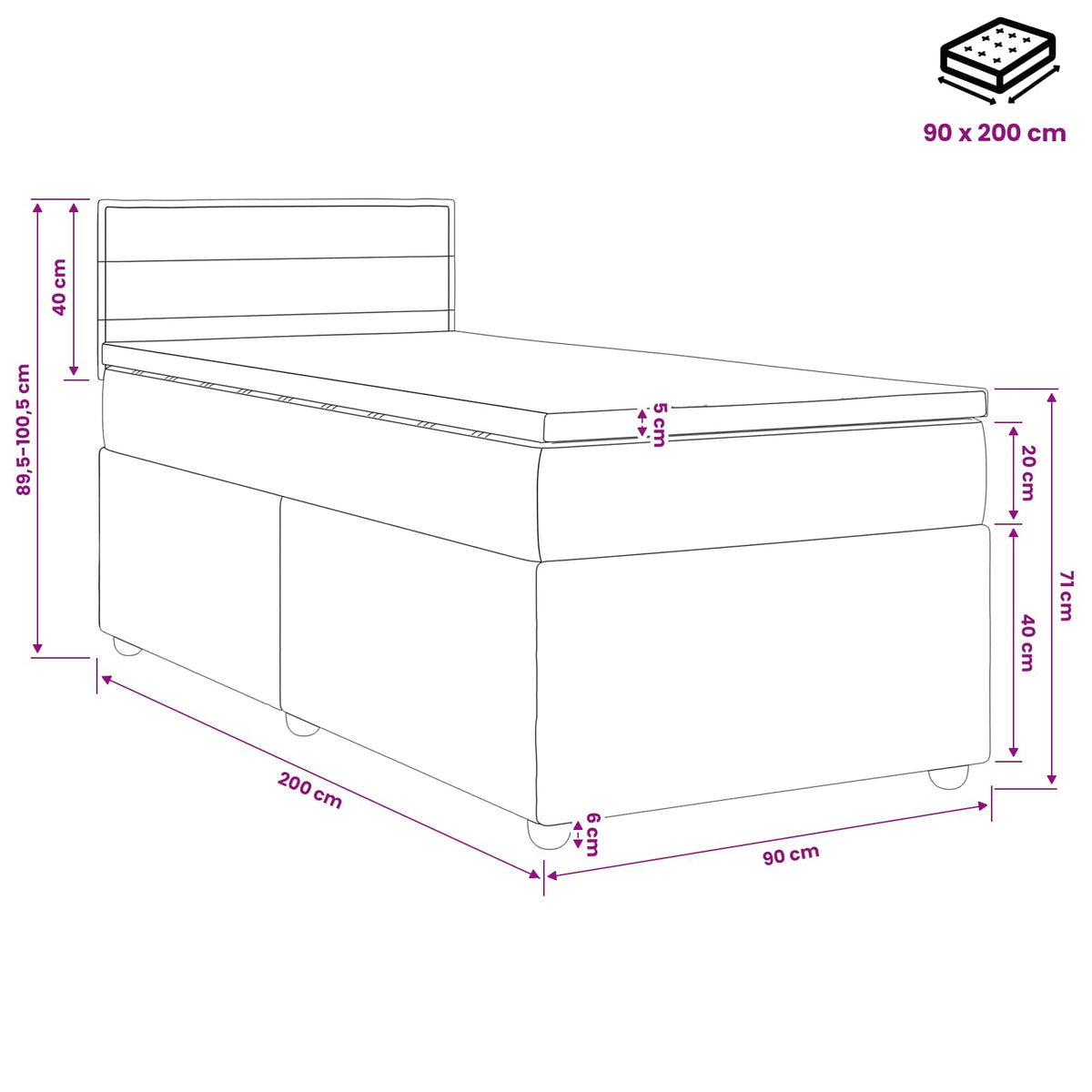 Lit boxspring avec matelas Crème 90 x 200 cm Tissu