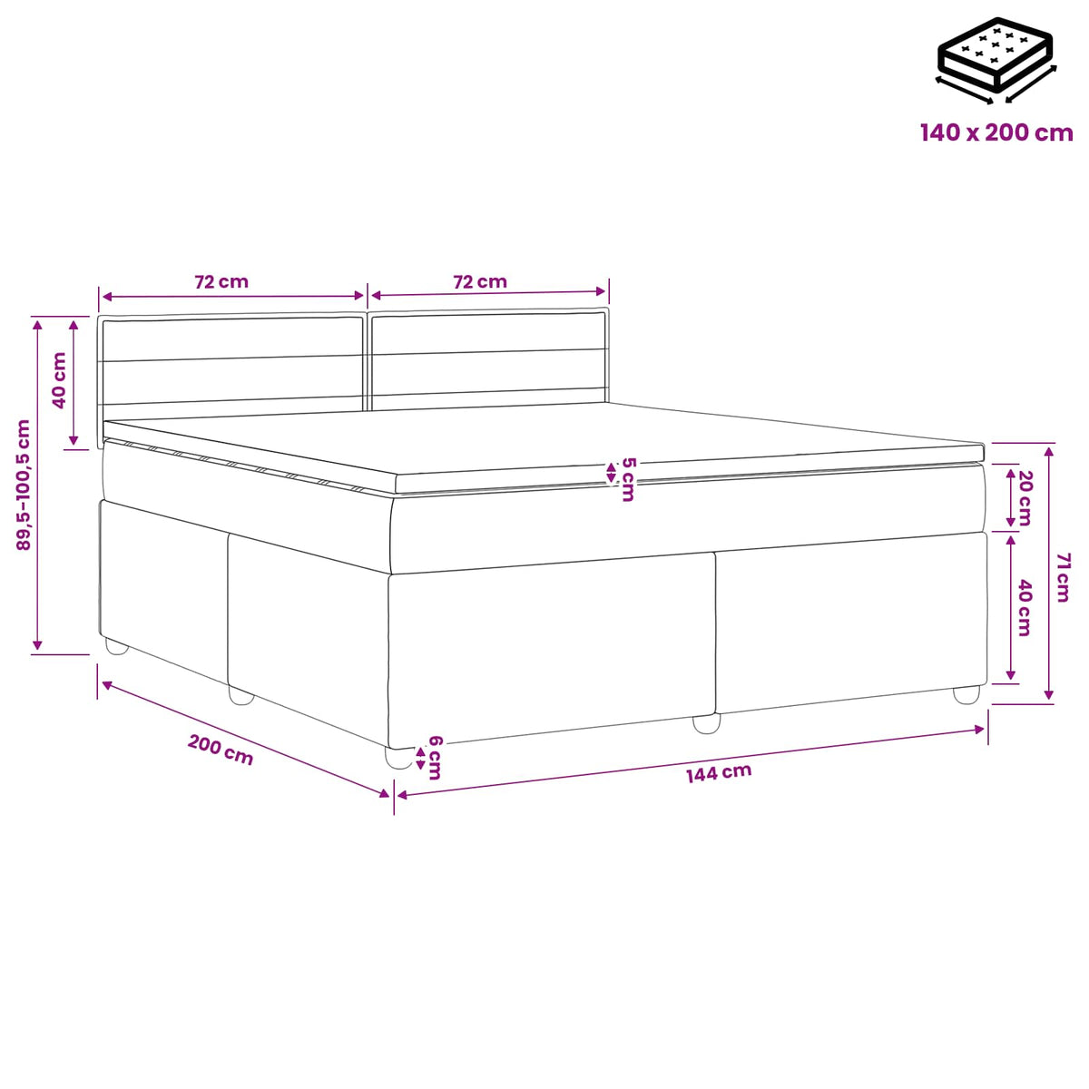 Lit boxspring avec matelas Noir 140 x 200 cm Tissu