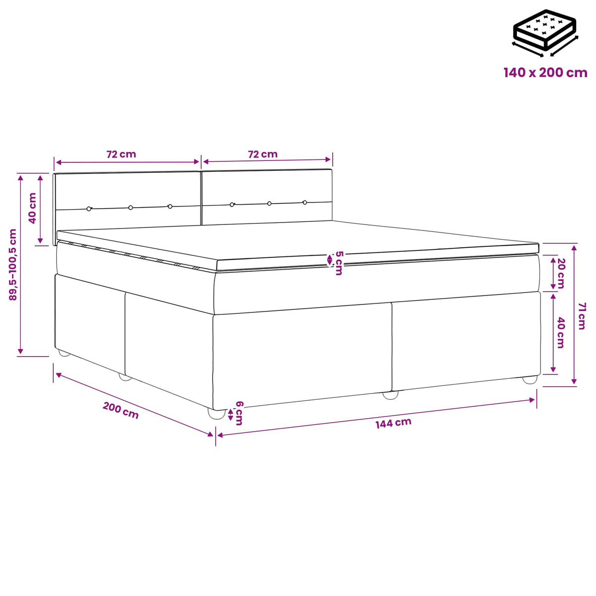 Lit boxspring avec matelas Marron foncé 140 x 200 cm Tissu