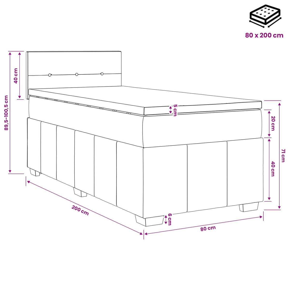 Lit boxspring avec matelas Crème 80 x 200 cm Tissu