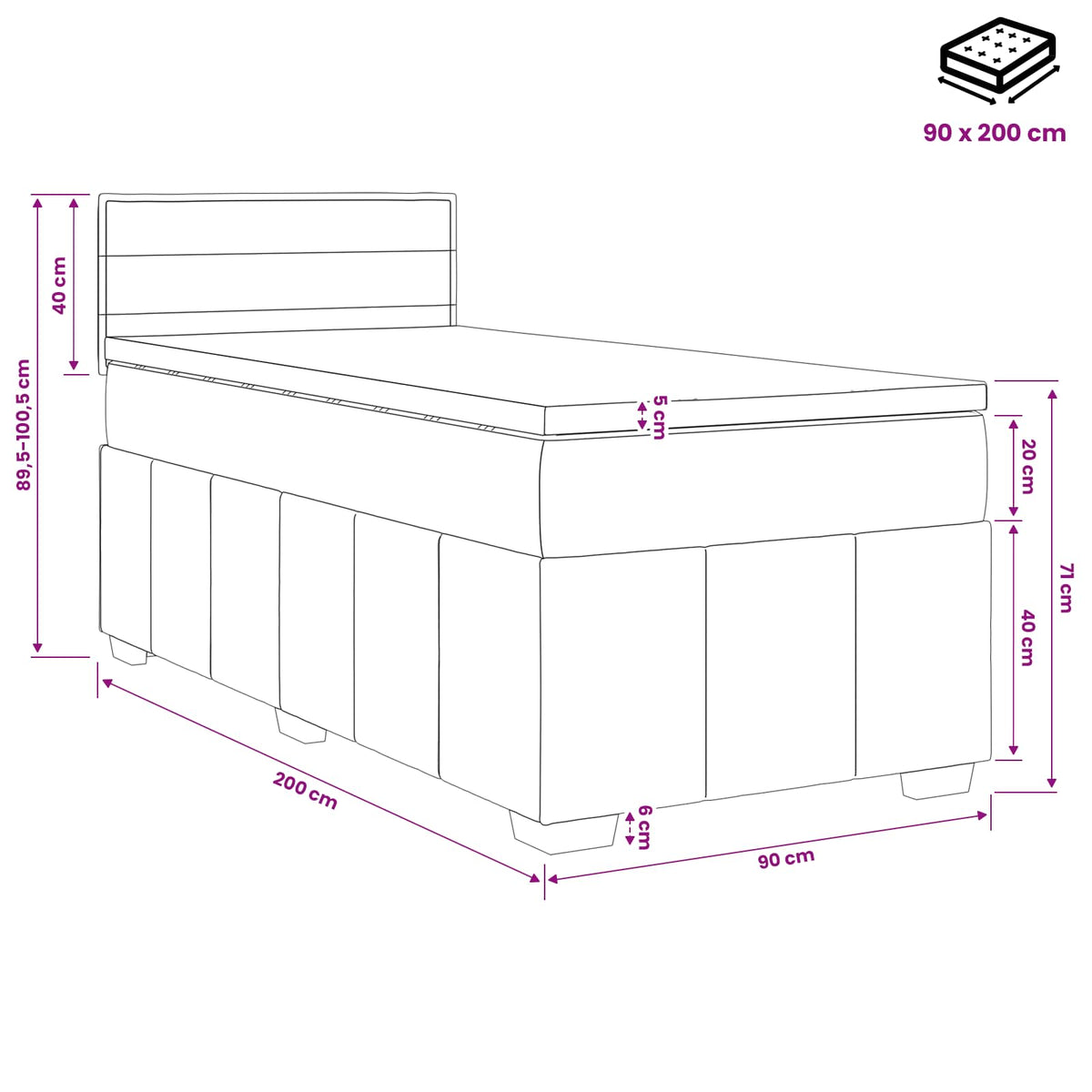 Lit boxspring avec matelas Gris clair 90 x 200 cm Tissu