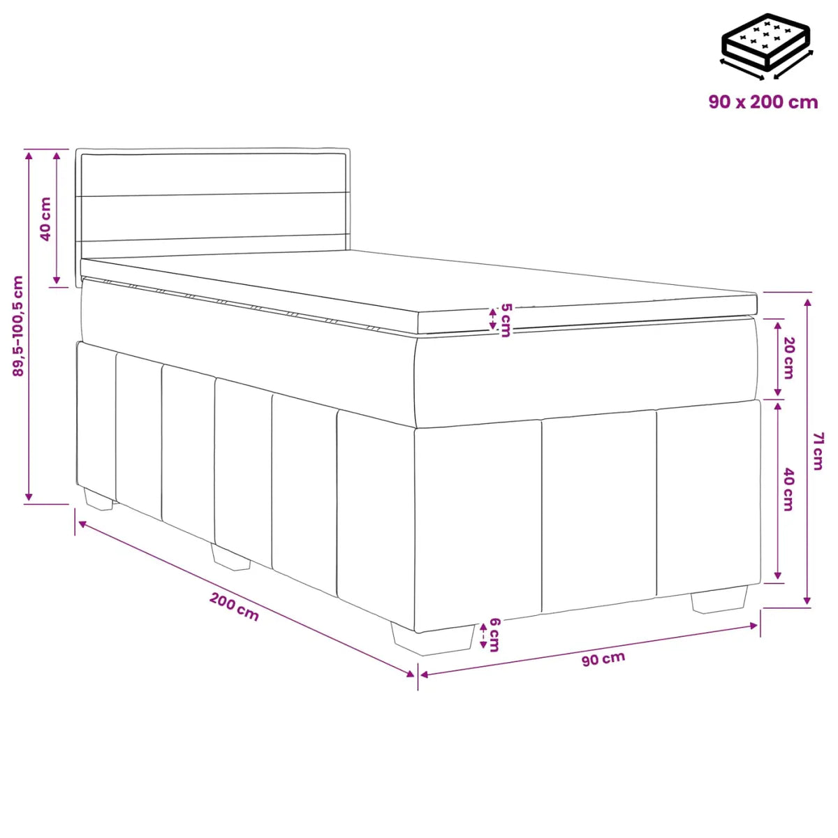 Lit boxspring avec matelas Gris foncé 90 x 200 cm Tissu - XIOS