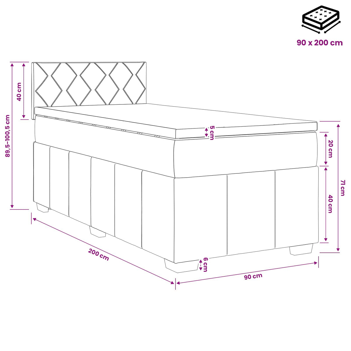 Lit boxspring avec matelas Crème 90 x 200 cm Tissu
