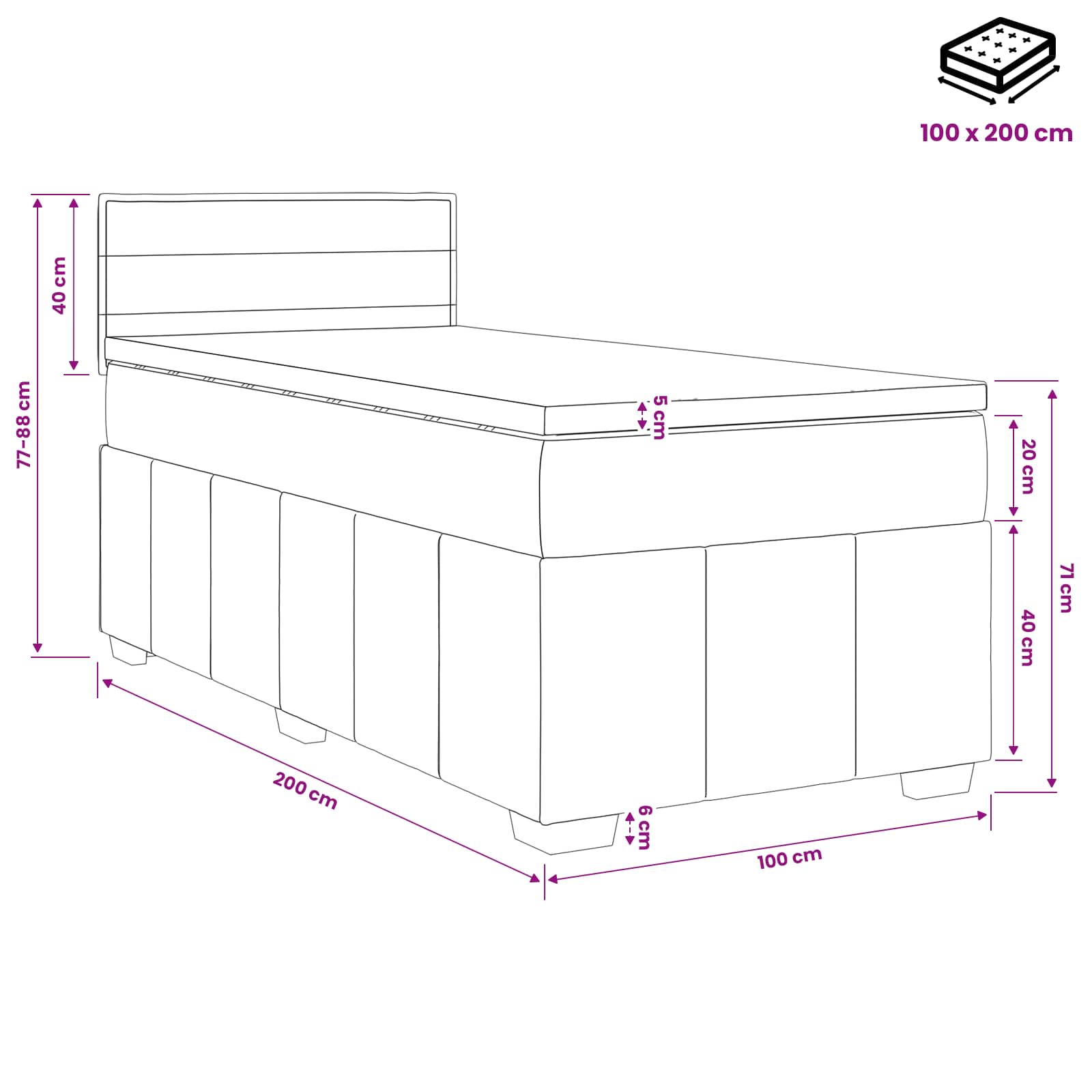 Lit boxspring avec matelas Noir 100 x 200 cm Tissu