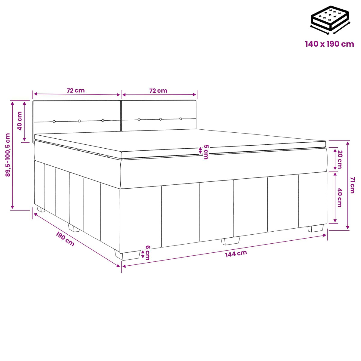 Lit boxspring avec matelas Gris clair 140 x 190 cm Tissu
