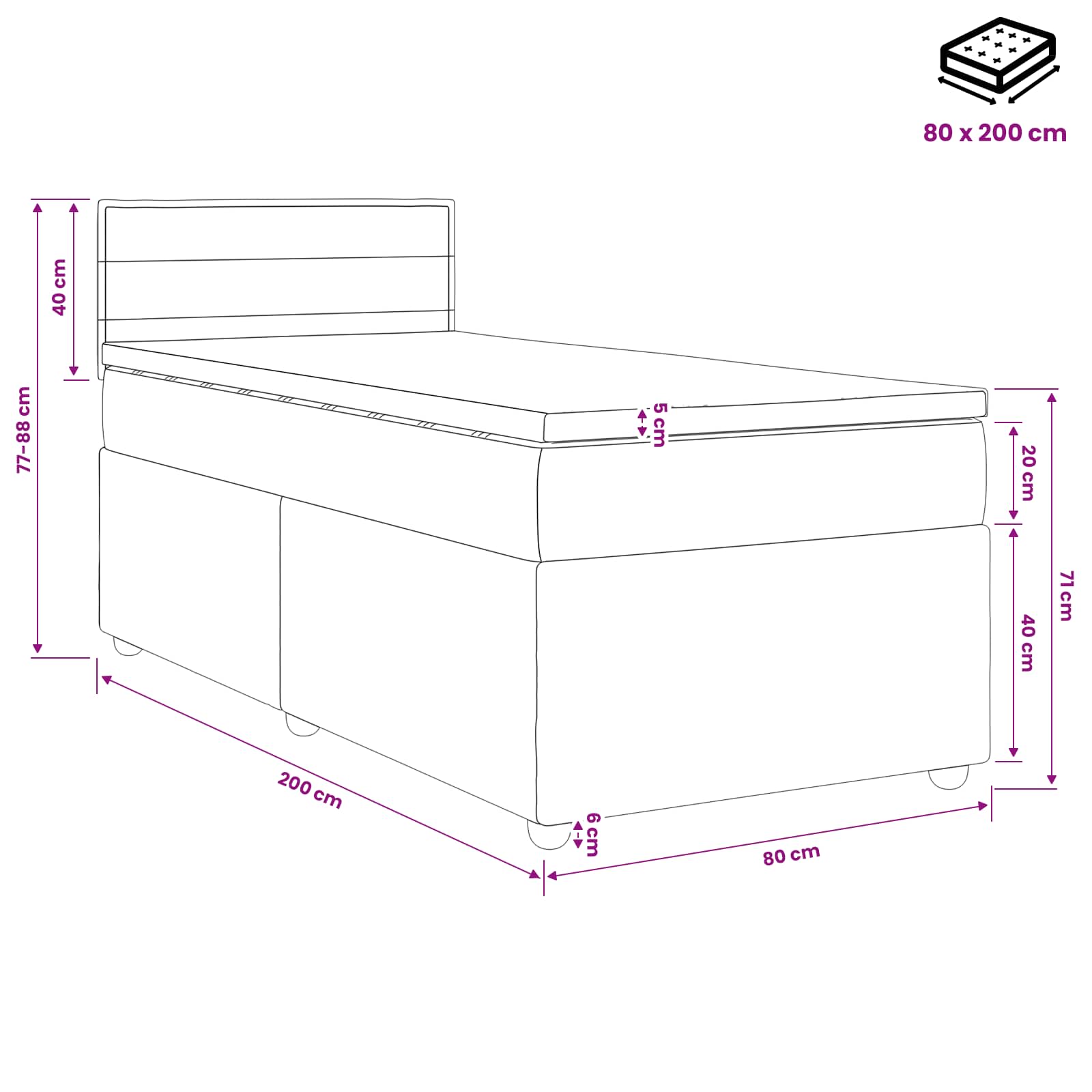 Lit boxspring avec matelas Marron foncé 80 x 200 cm Tissu - XIOS