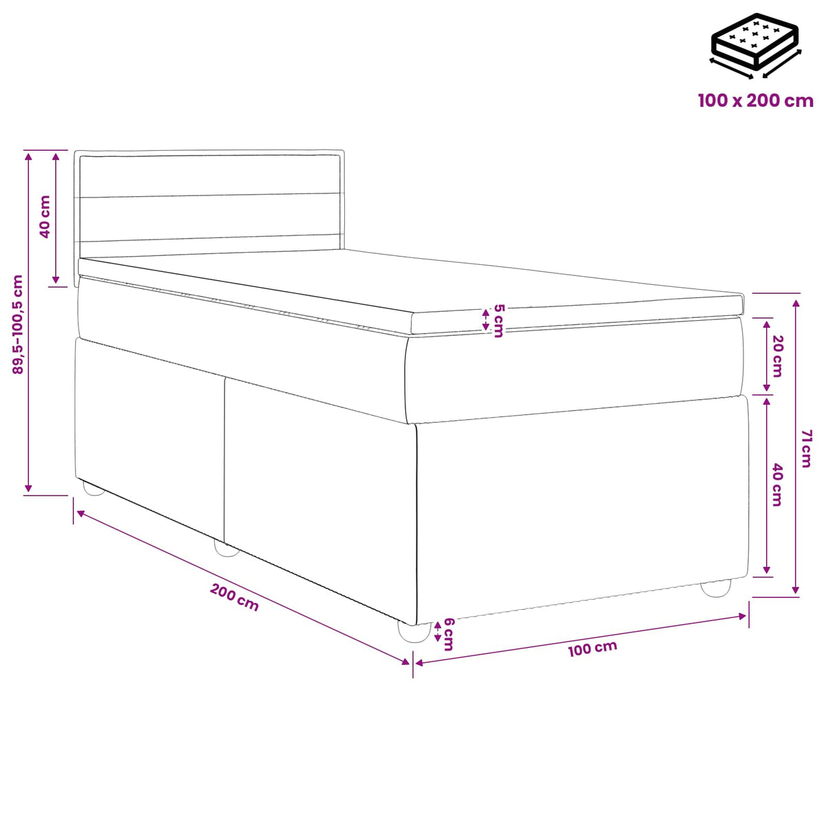 Lit boxspring avec matelas Gris foncé 100 x 200 cm Tissu