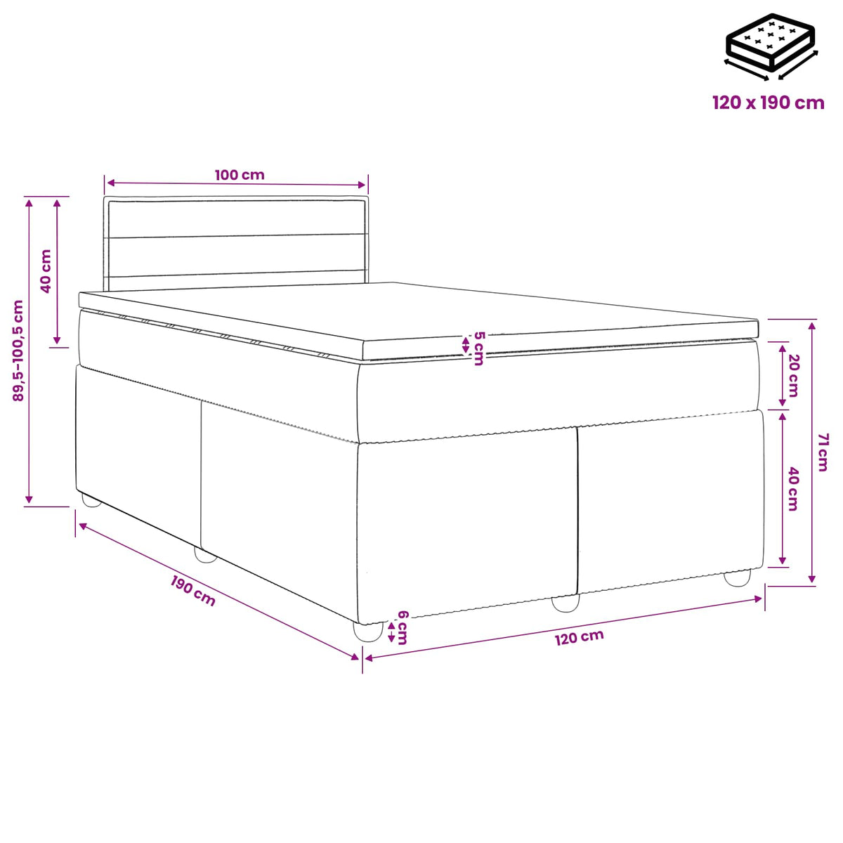 Lit boxspring avec matelas Gris foncé 120 x 190 cm Tissu