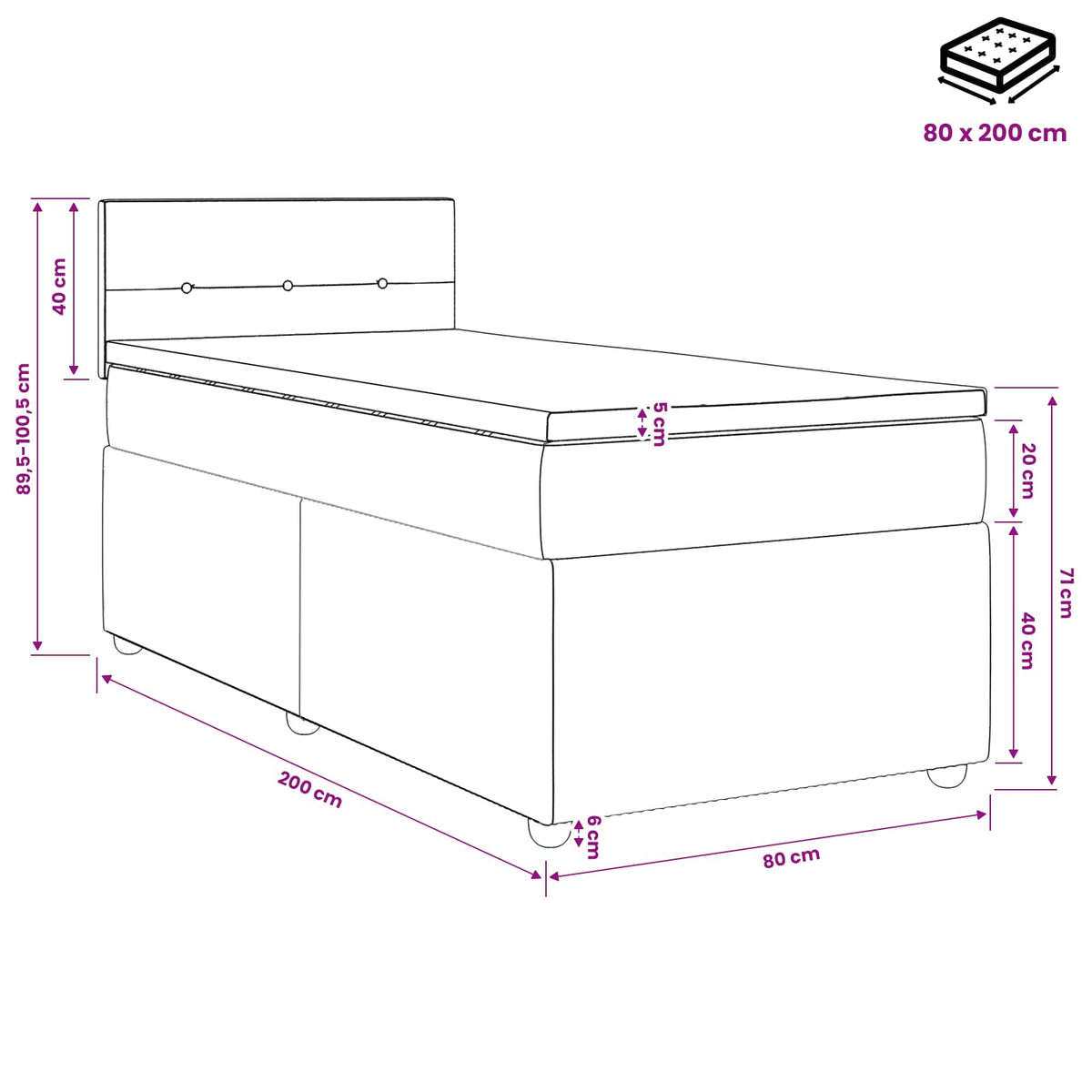 Lit boxspring avec matelas Rose 80 x 200 cm Velours