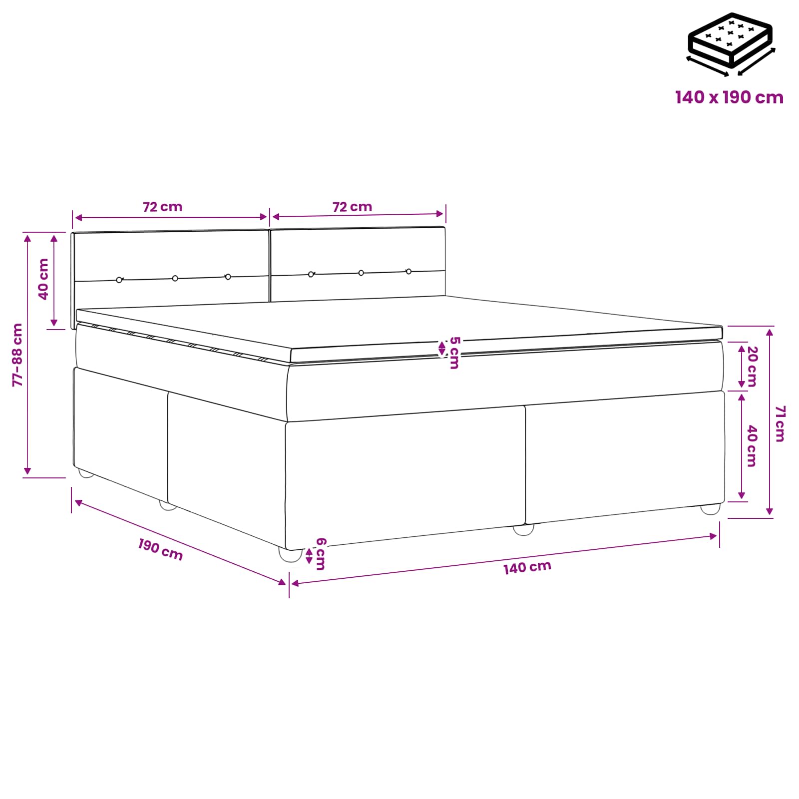 Lit boxspring avec matelas Gris foncé 140 x 190 cm Velours