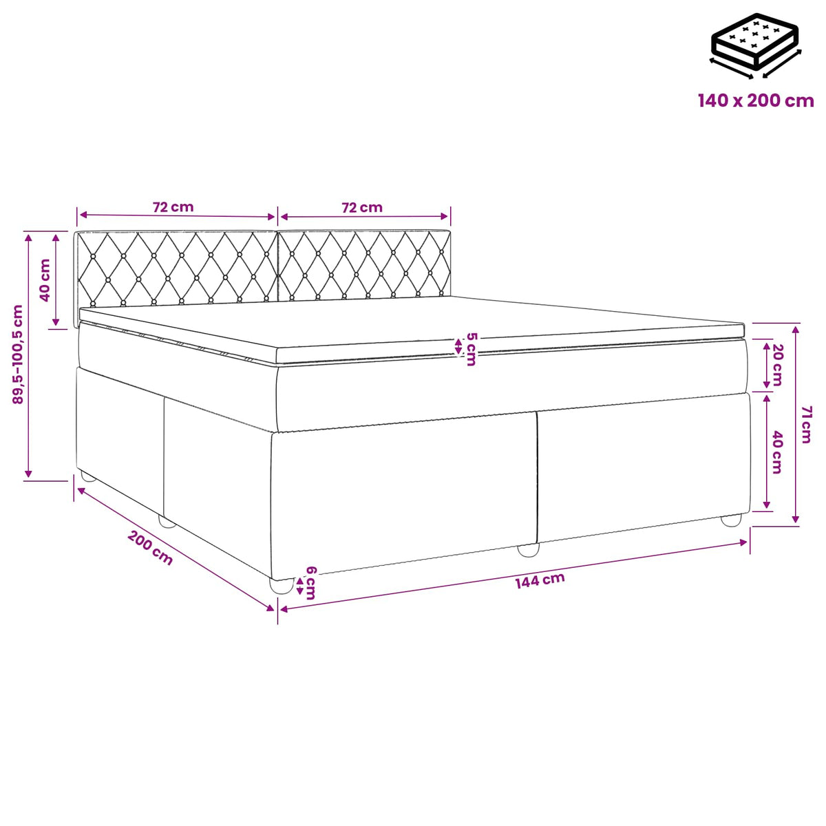 Lit boxspring avec matelas Gris clair 140 x 200 cm Velours