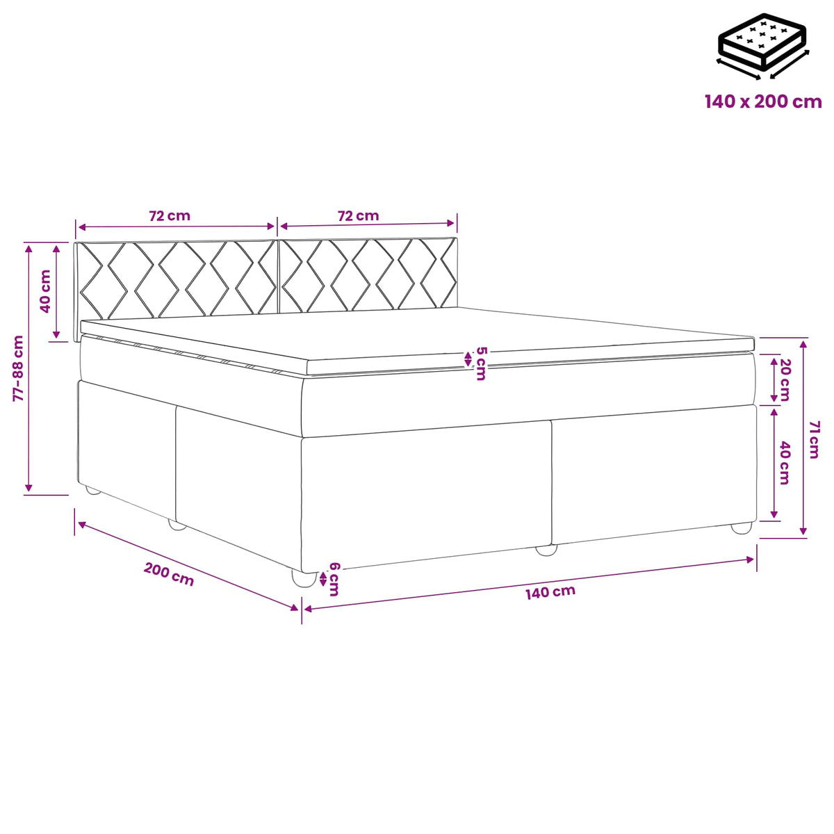 Lit boxspring avec matelas Rose 140 x 200 cm Velours - XIOS