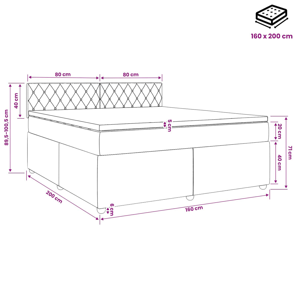 Lit boxspring avec matelas Gris clair 160 x 200 cm Velours