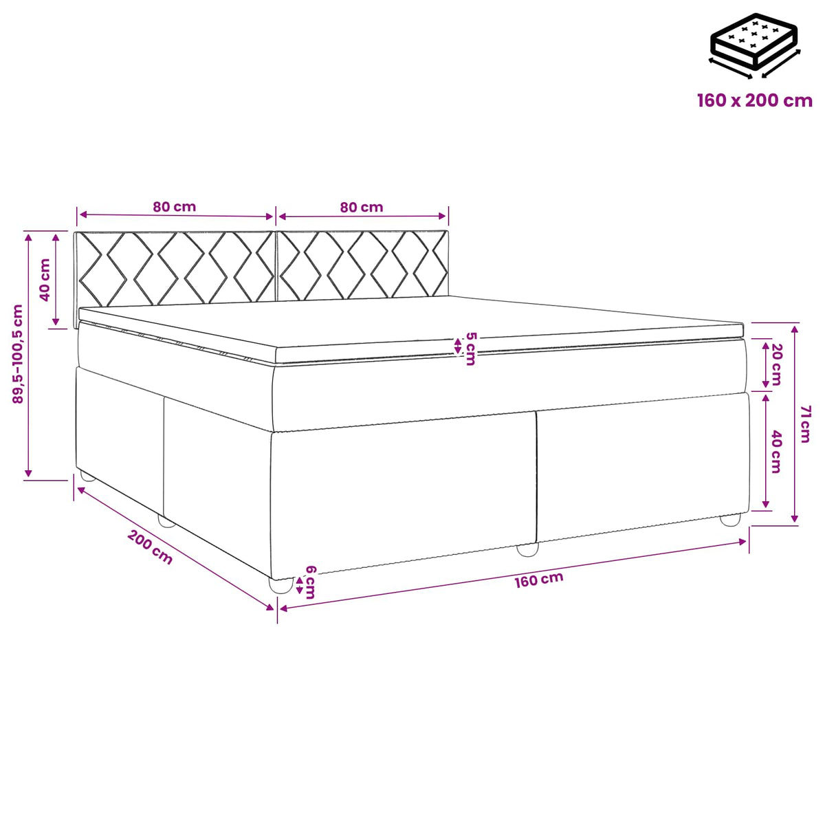 Lit boxspring avec matelas Gris foncé 160 x 200 cm Velours