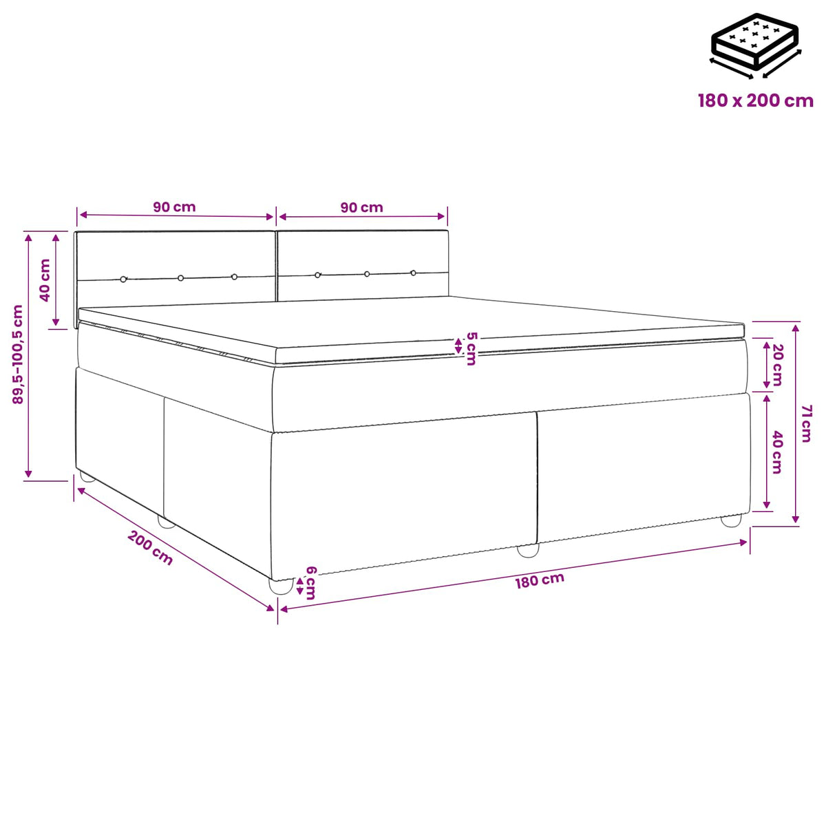Lit boxspring avec matelas Gris clair 180 x 200 cm Velours