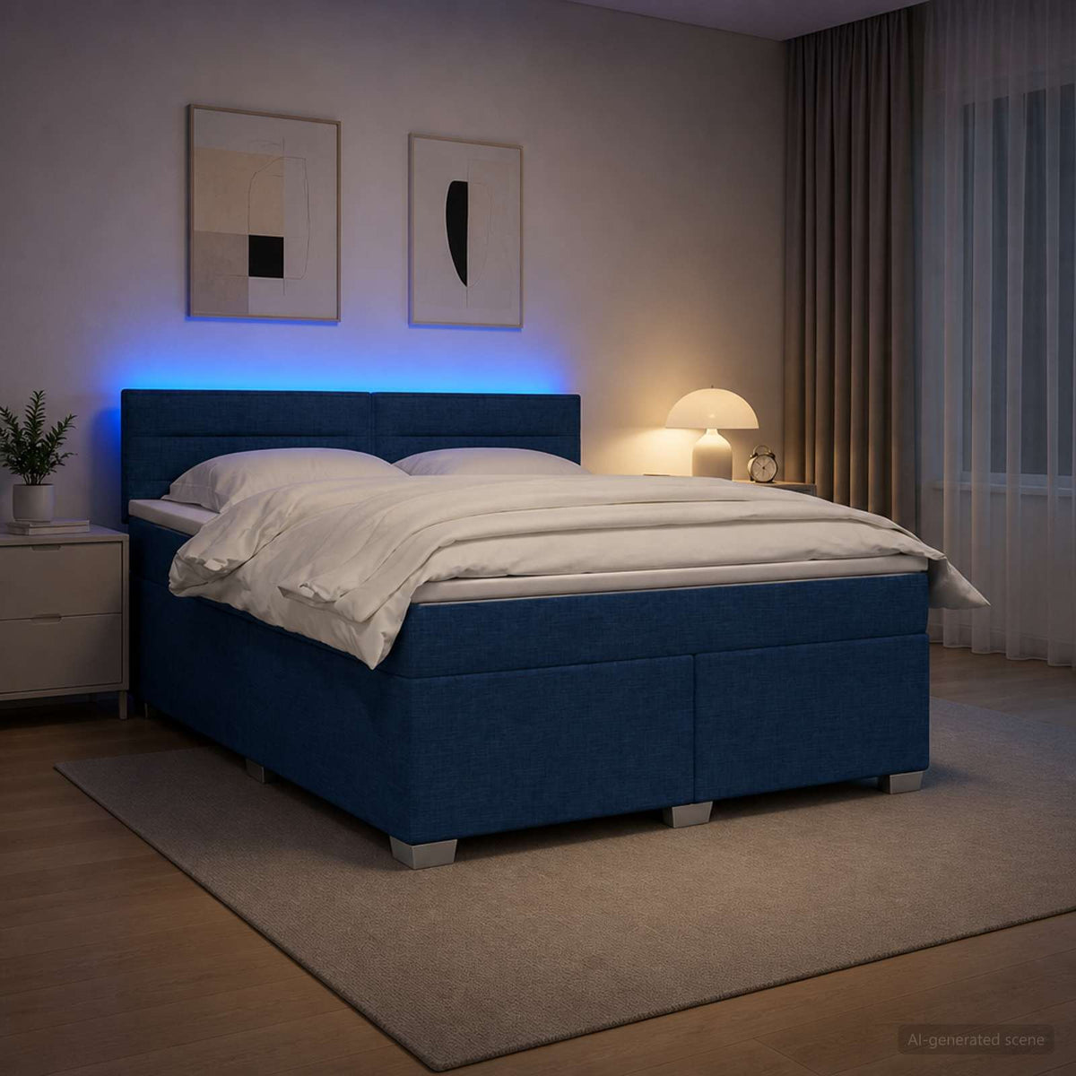 Lit de box spring avec matelas et LED Bleu 140 x 200 cm Tissu