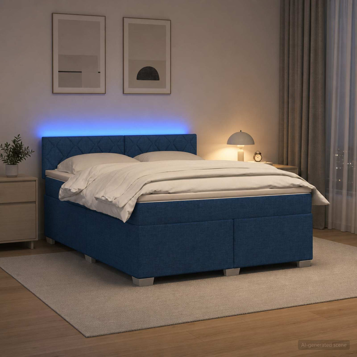 Lit de box spring avec matelas et LED Bleu 140 x 190 cm Tissu