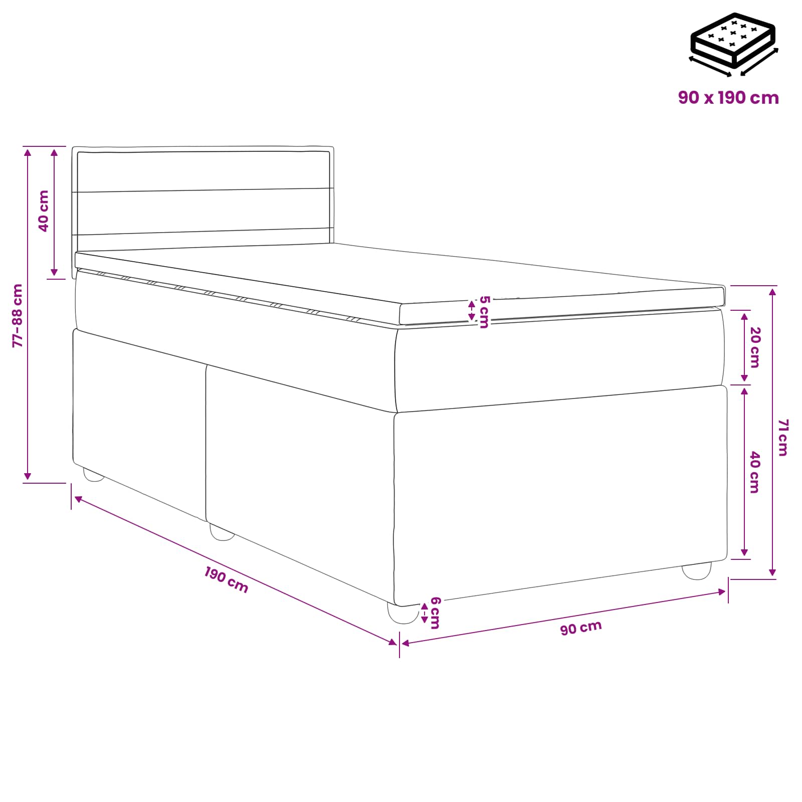 Lit boxspring avec matelas Noir 90 x 190 cm Tissu - XIOS