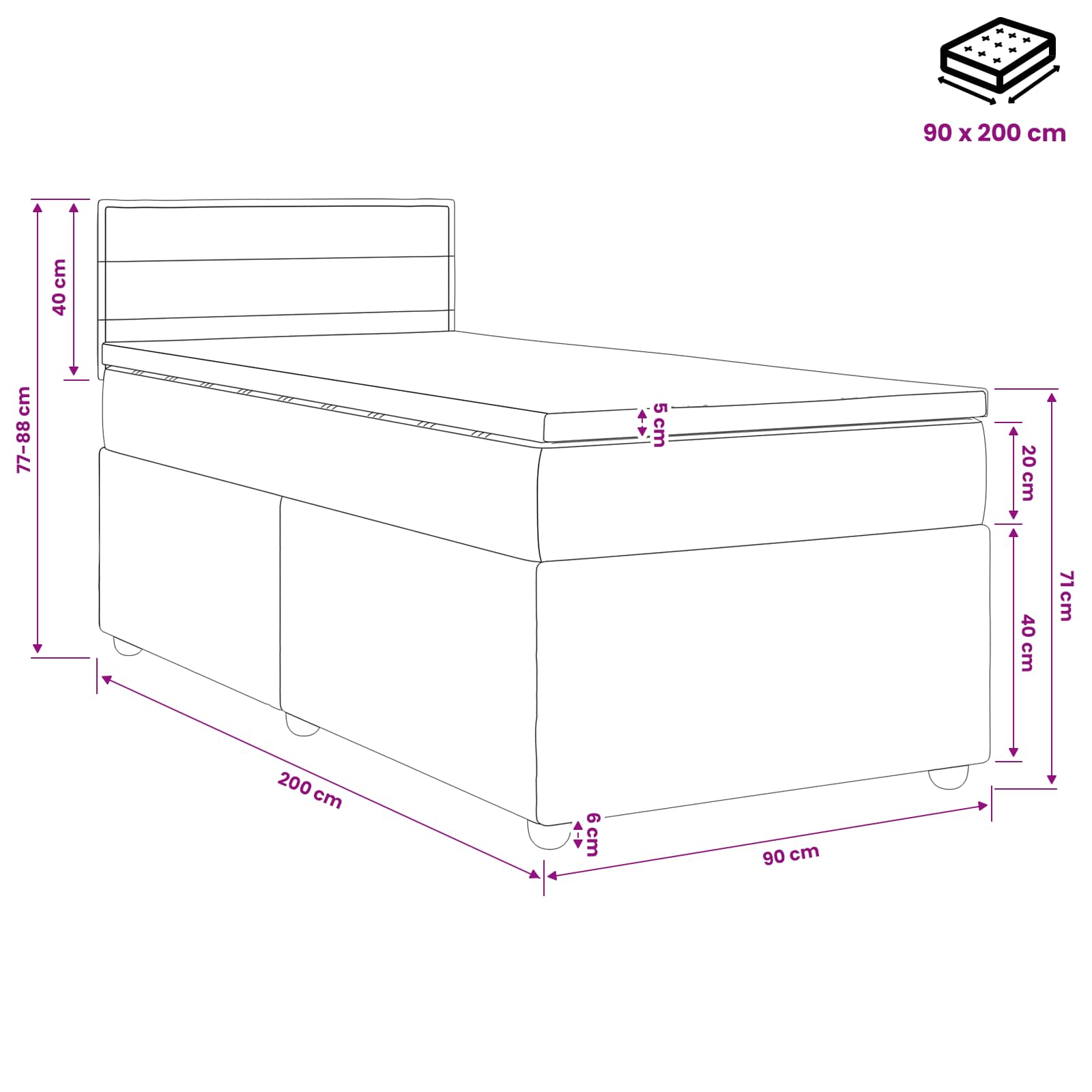 Lit boxspring avec matelas Noir 90 x 200 cm Tissu - XIOS