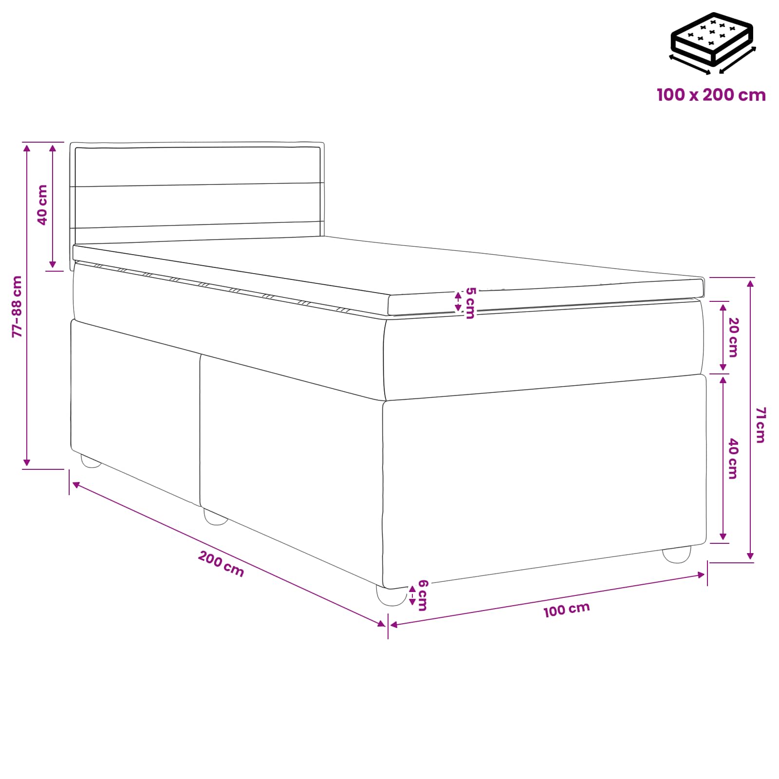 Lit boxspring avec matelas Noir 100 x 200 cm Tissu - XIOS