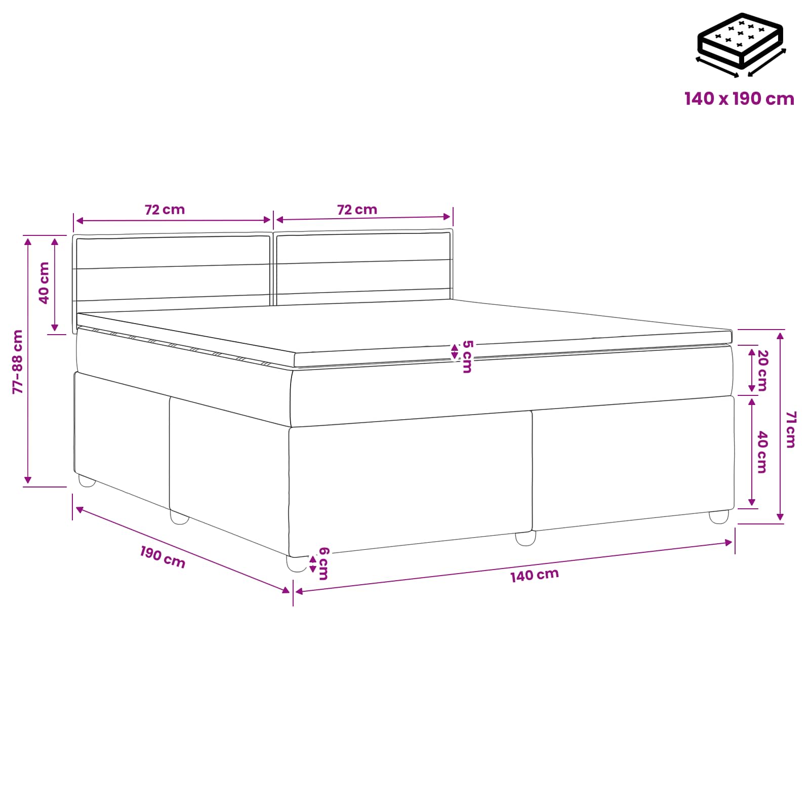Lit boxspring avec matelas Gris foncé 140 x 190 cm Tissu - XIOS