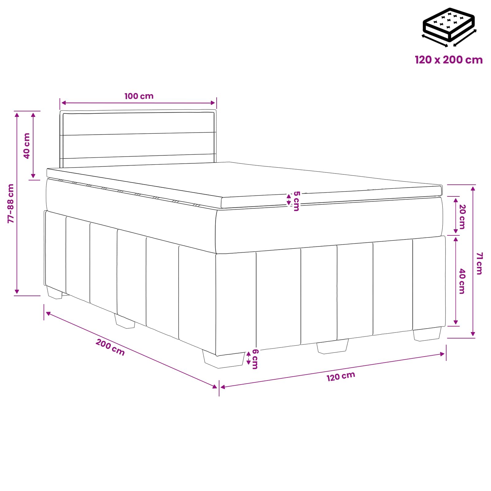Lit boxspring avec matelas Noir 120 x 200 cm Tissu