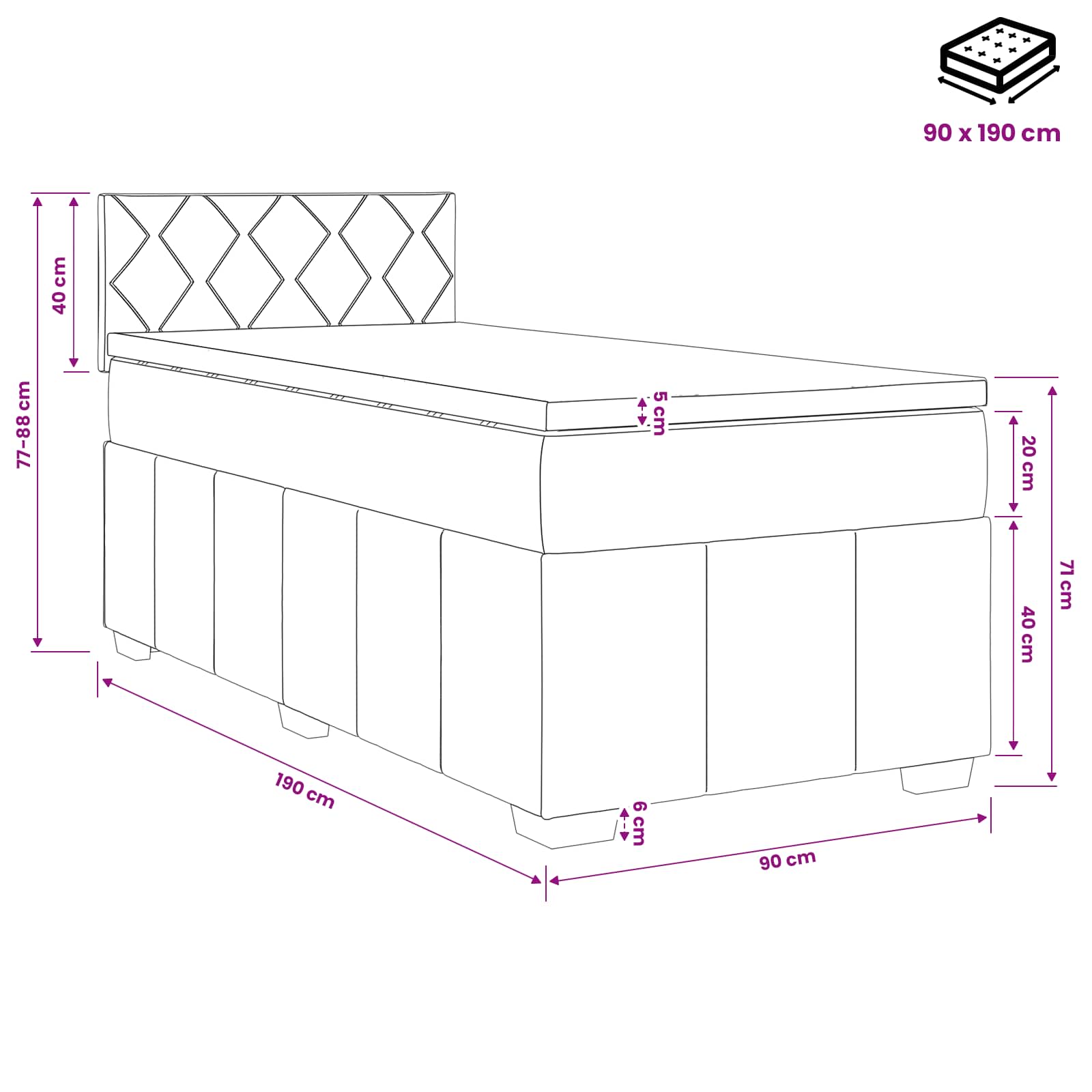 Lit de box spring avec matelas et LED Gris foncé 90 x 190 cm