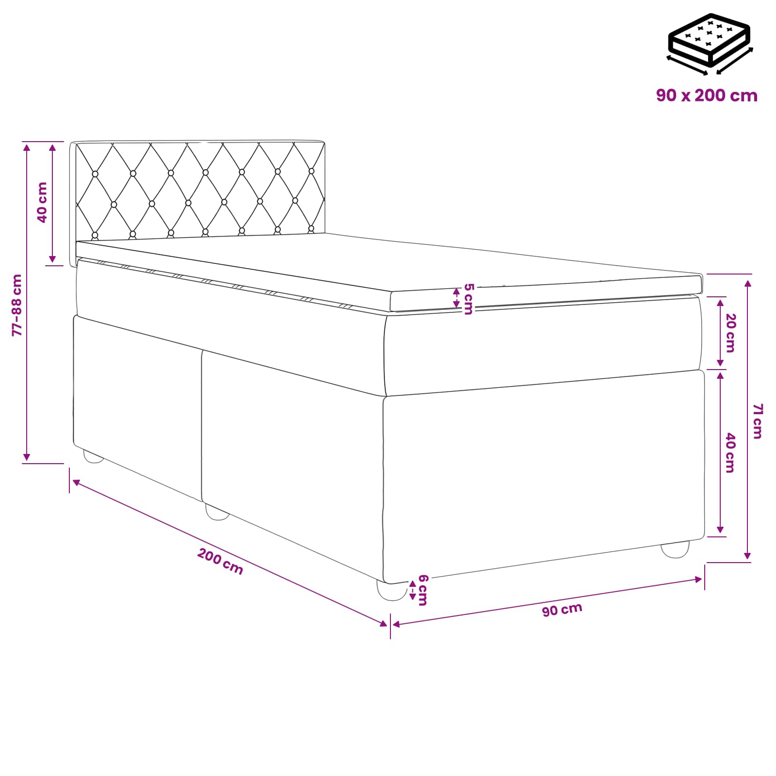 Lit boxspring avec matelas Gris foncé 90 x 200 cm Velours - XIOS