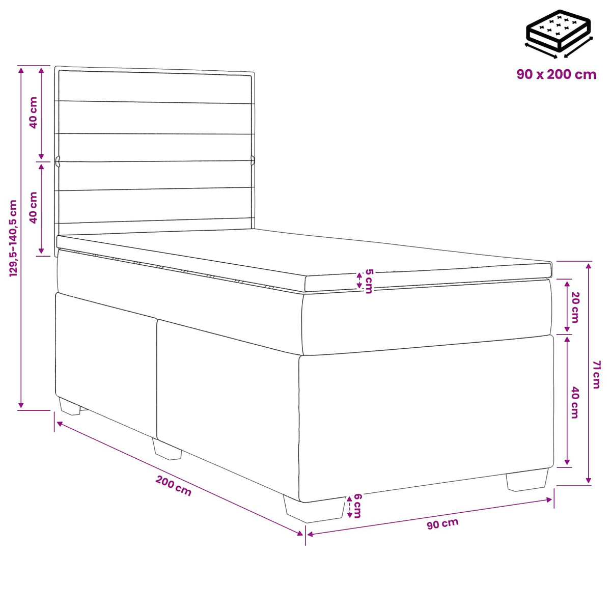 Lit boxspring avec matelas Gris foncé 90 x 200 cm Tissu