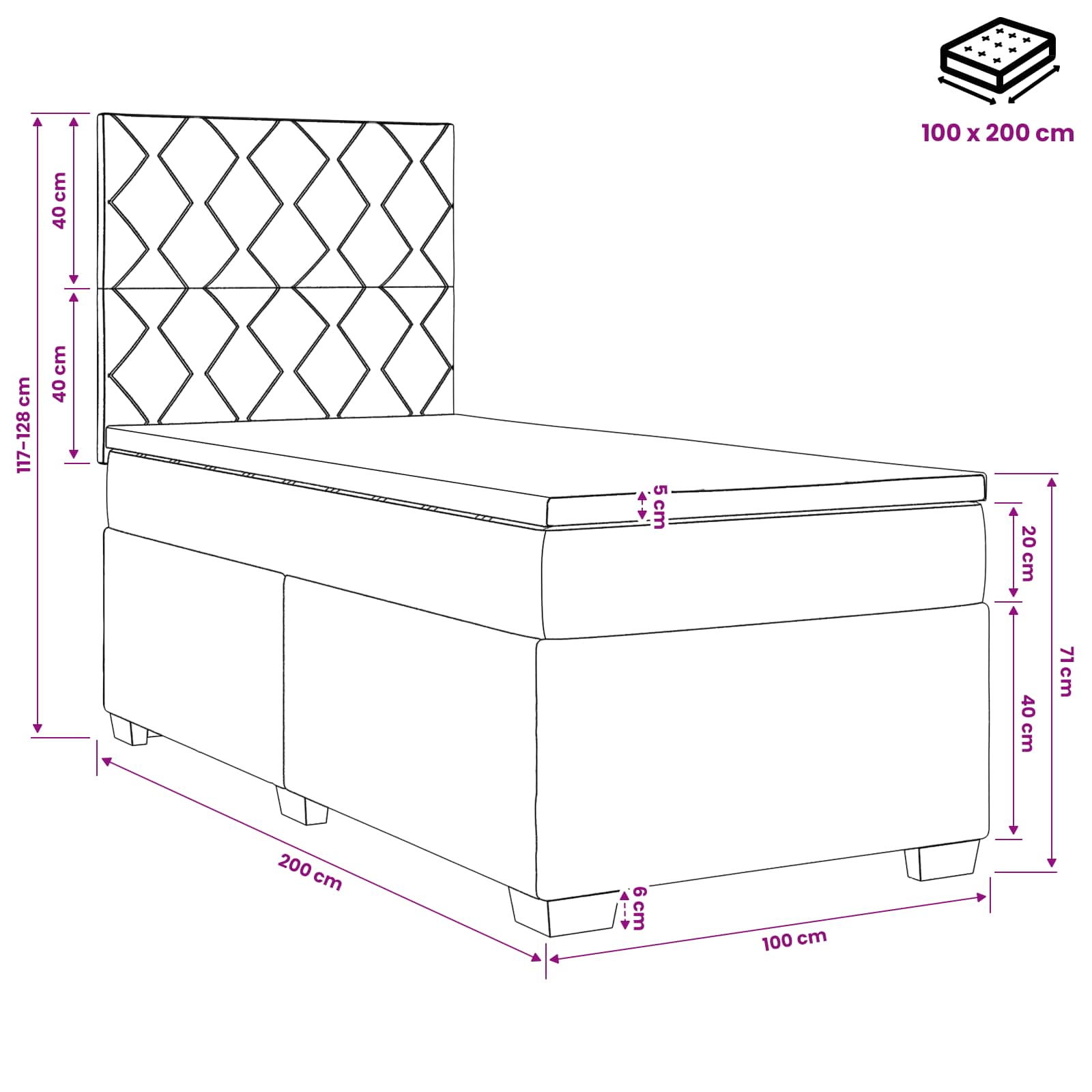 Lit boxspring avec matelas Crème 100 x 200 cm Tissu