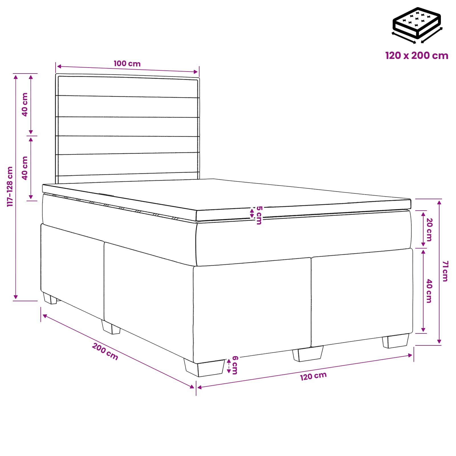 Lit boxspring avec matelas Gris foncé 120 x 200 cm Tissu
