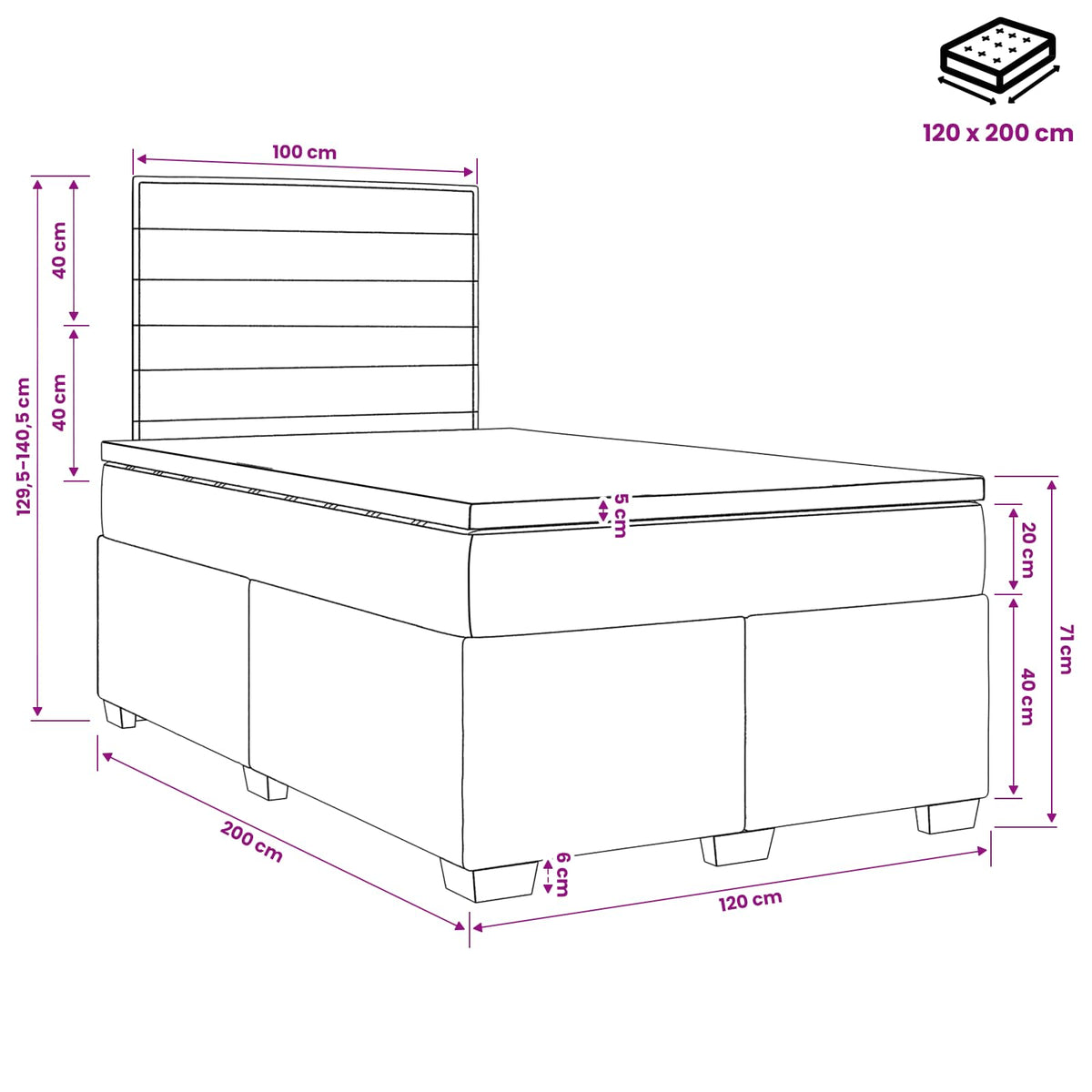 Lit boxspring avec matelas Marron foncé 120 x 200 cm Tissu