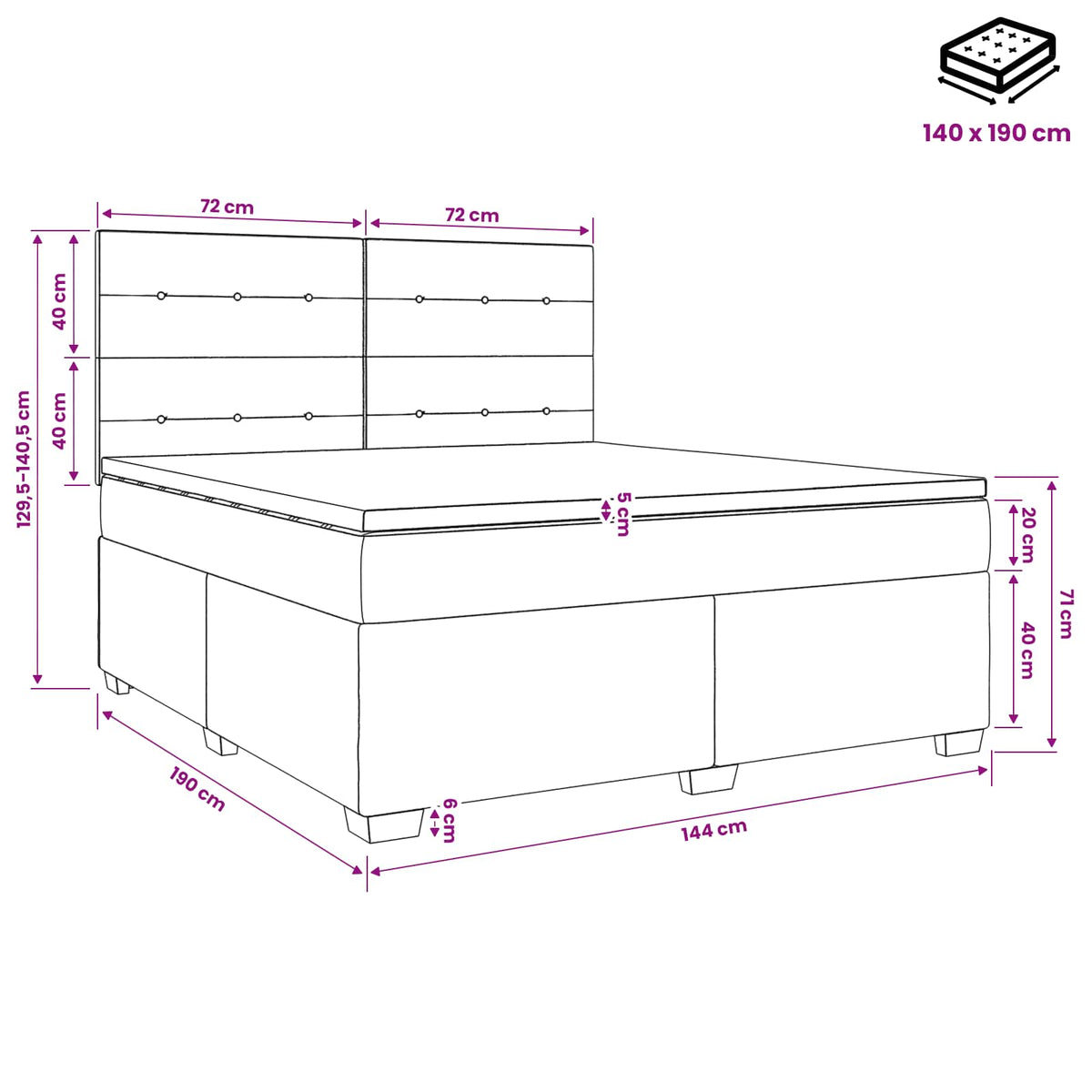 Lit boxspring avec matelas Gris clair 140 x 190 cm Tissu