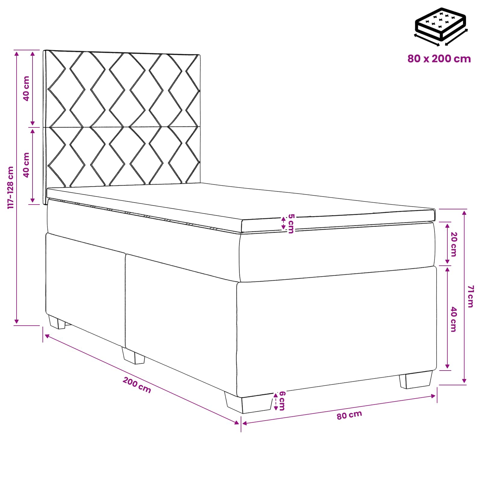 Lit boxspring avec matelas Rose 80 x 200 cm Velours