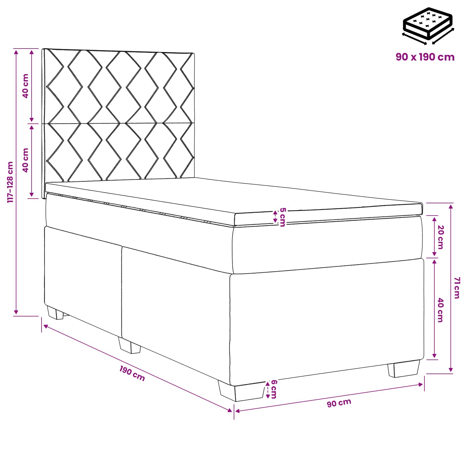 Lit boxspring avec matelas Bleu 90 x 190 cm Velours