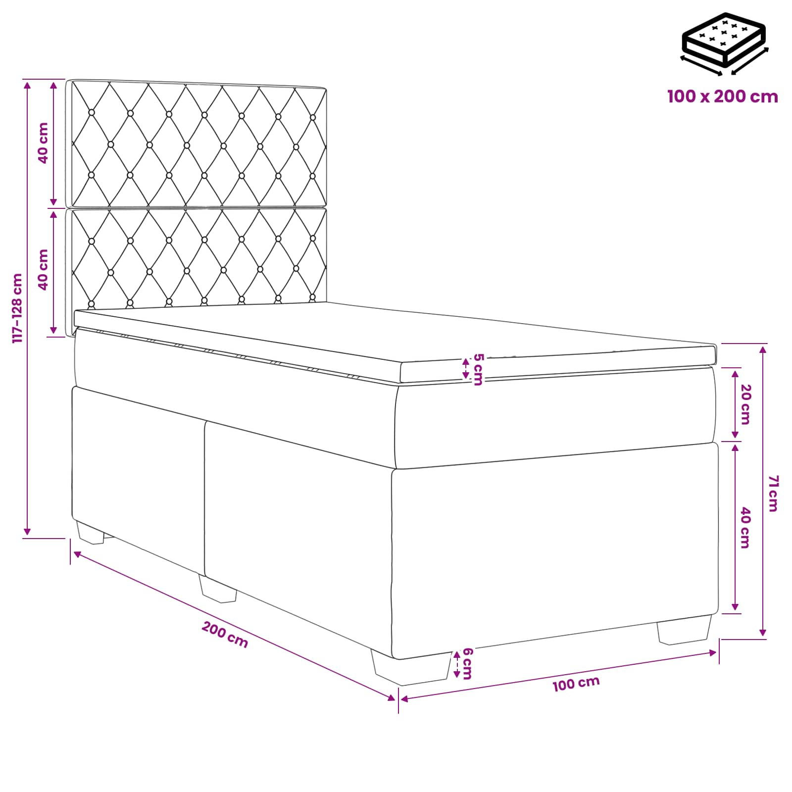 Lit boxspring avec matelas Noir 100 x 200 cm Velours