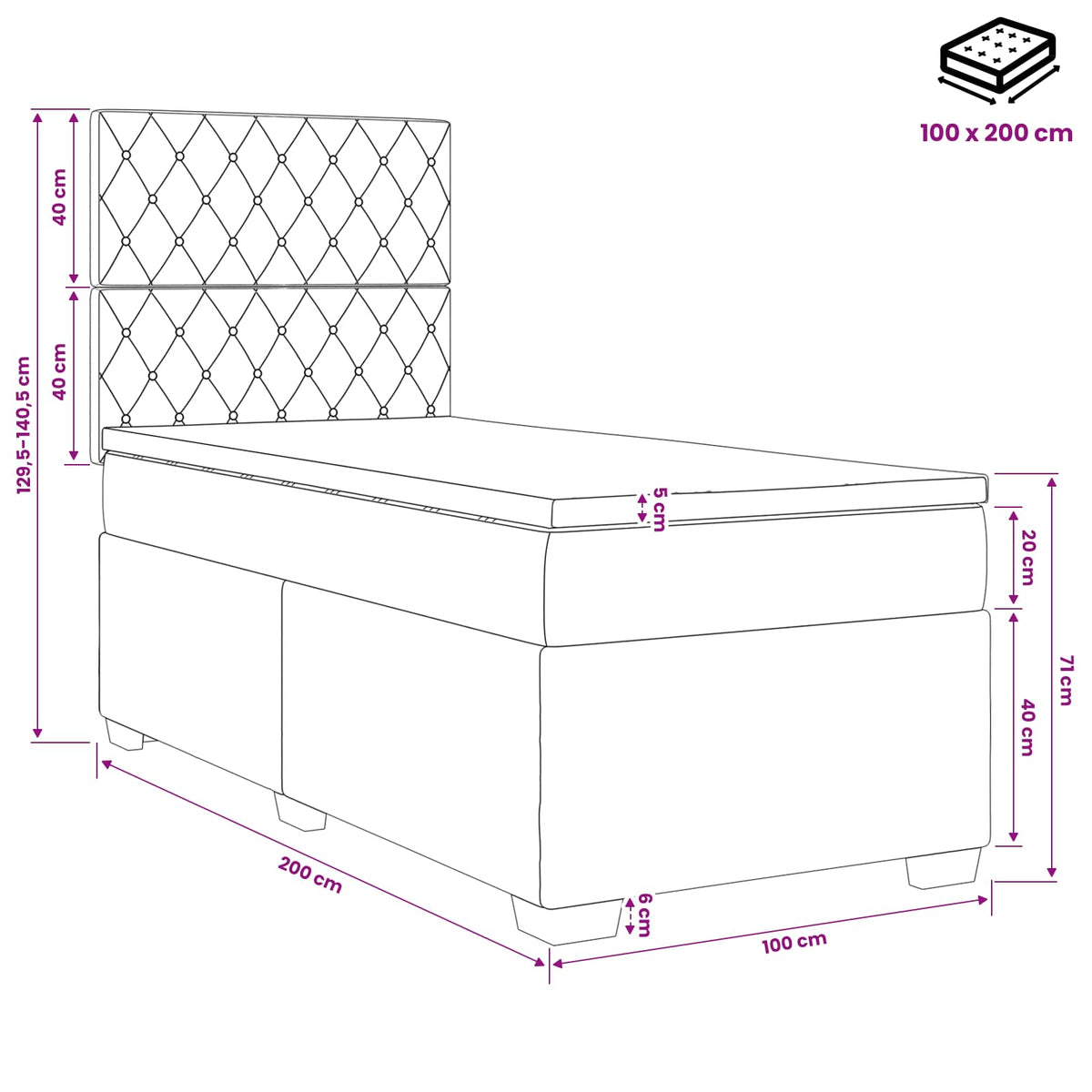 Lit boxspring avec matelas Rose 100 x 200 cm Velours