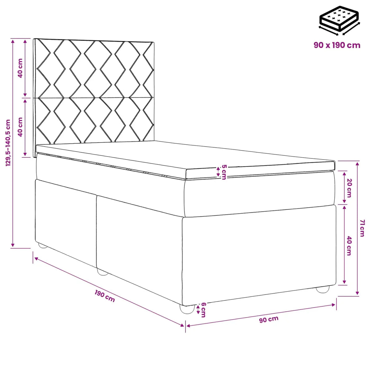 Lit boxspring avec matelas Bleu 90 x 190 cm Tissu - XIOS