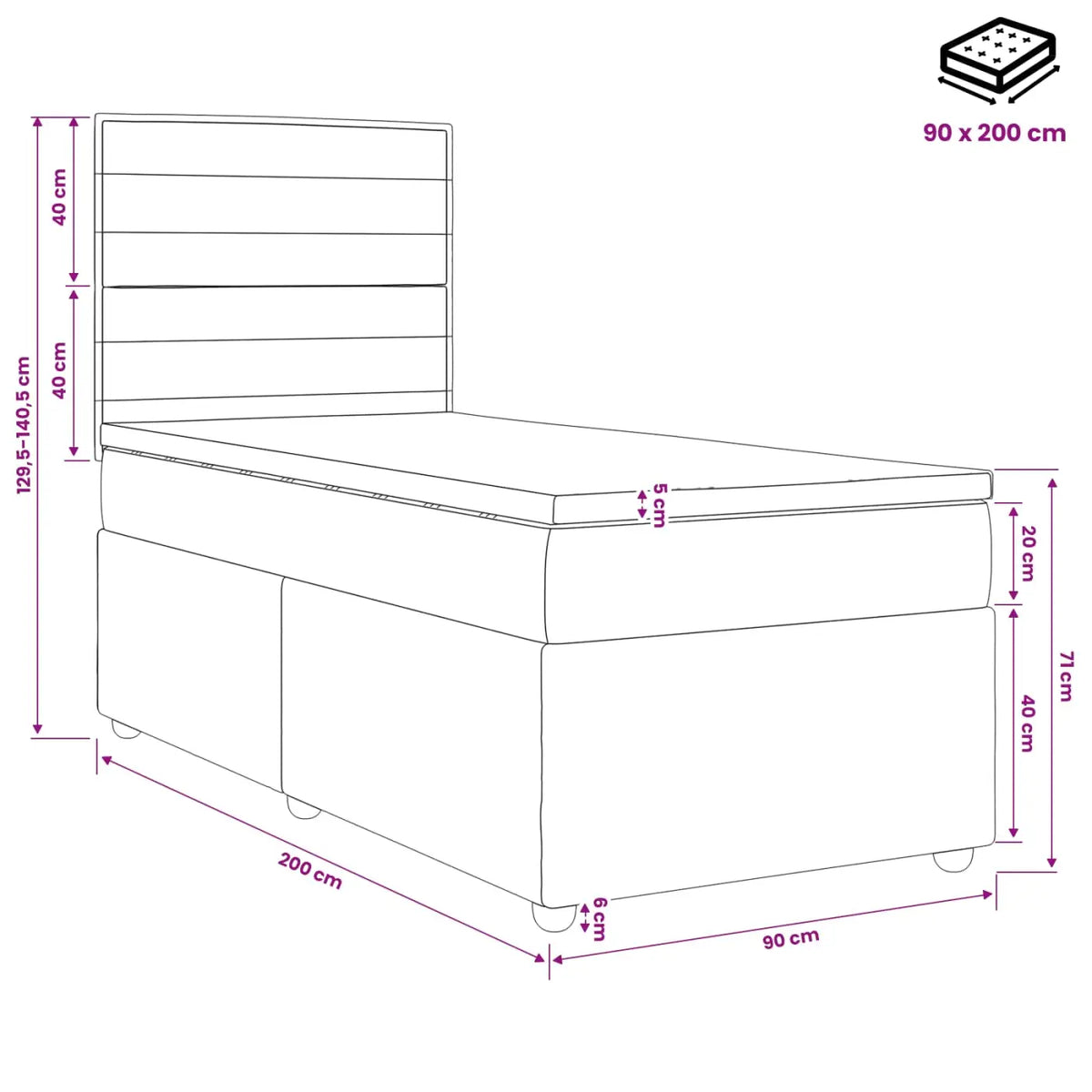 Lit boxspring avec matelas Noir 90 x 200 cm Tissu - XIOS
