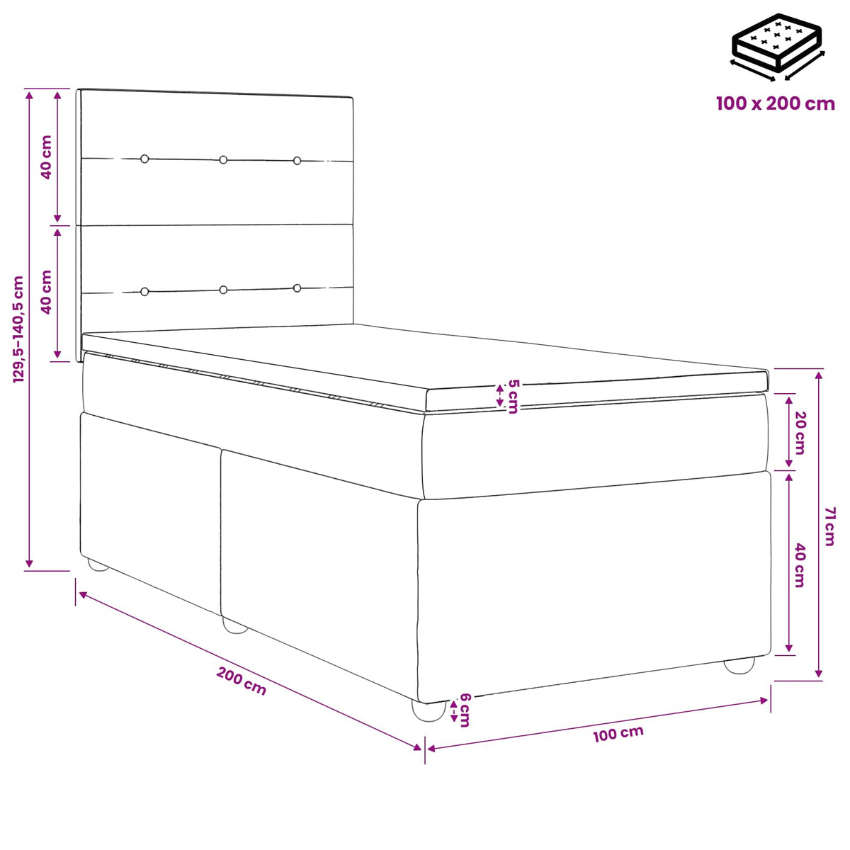 Lit boxspring avec matelas Gris clair 100 x 200 cm Tissu