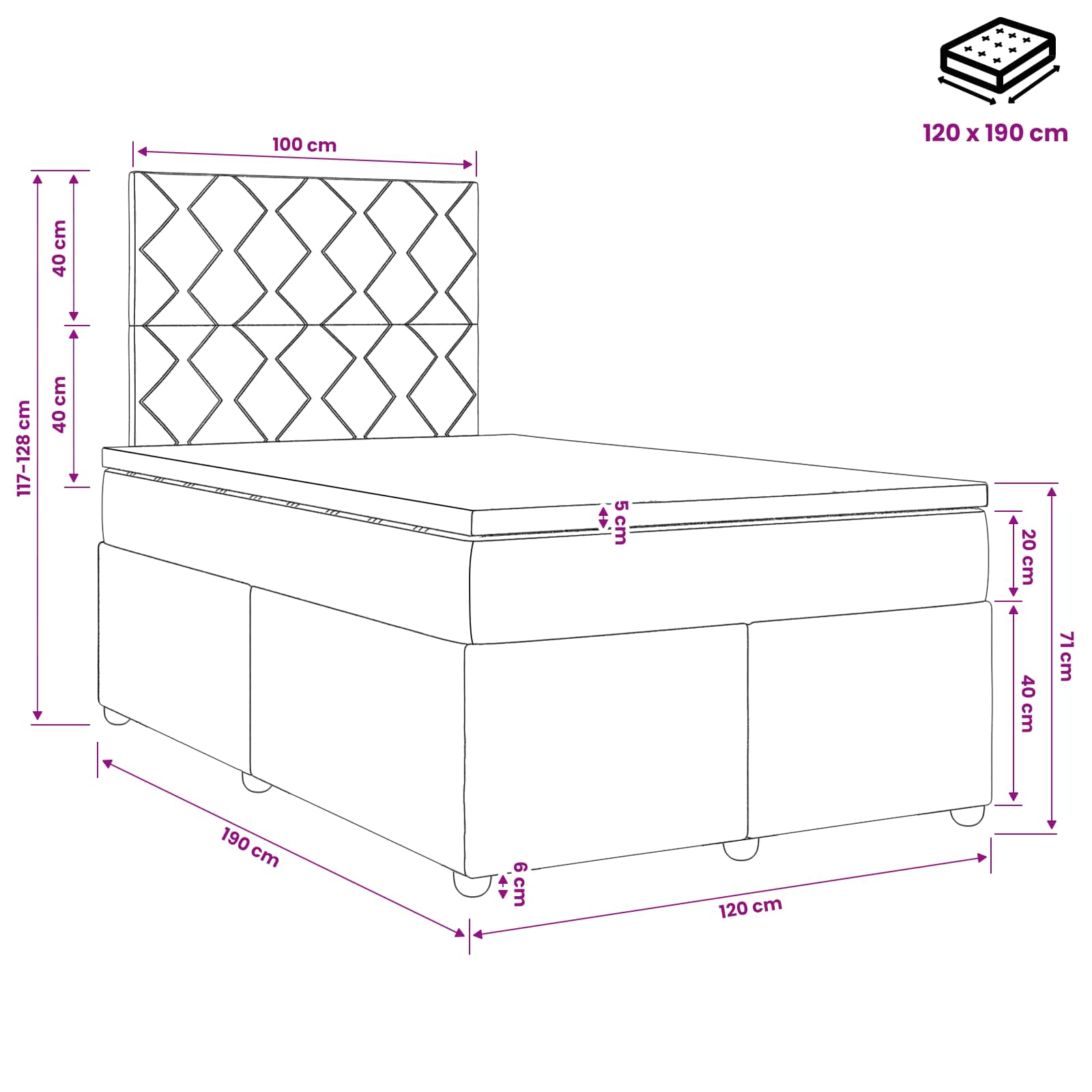 Lit boxspring avec matelas Crème 120 x 190 cm Tissu