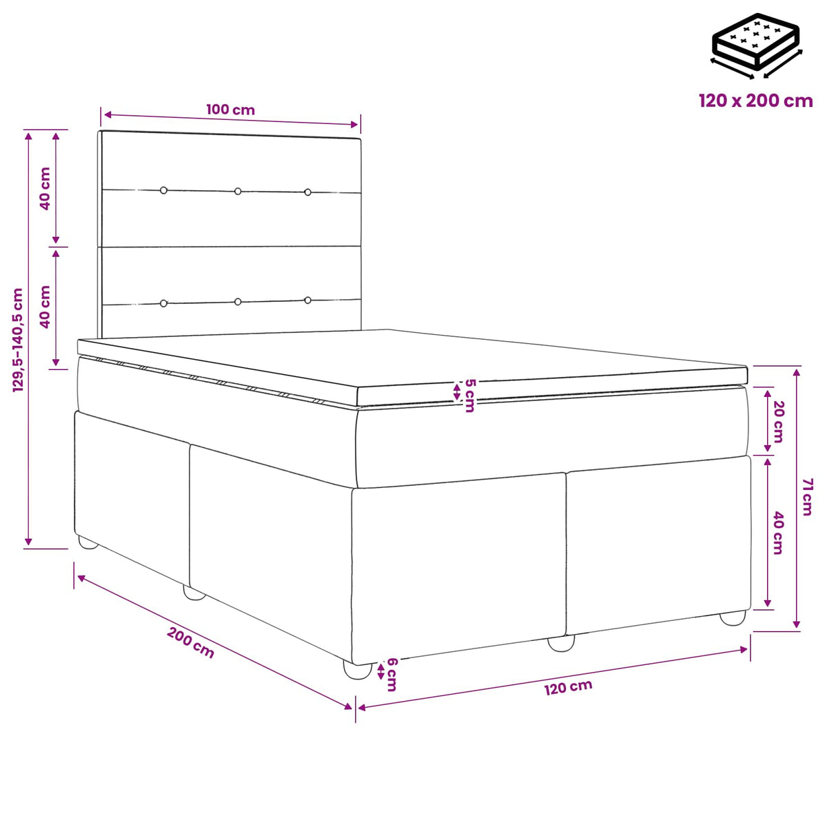 Lit boxspring avec matelas Taupe 120 x 200 cm Tissu