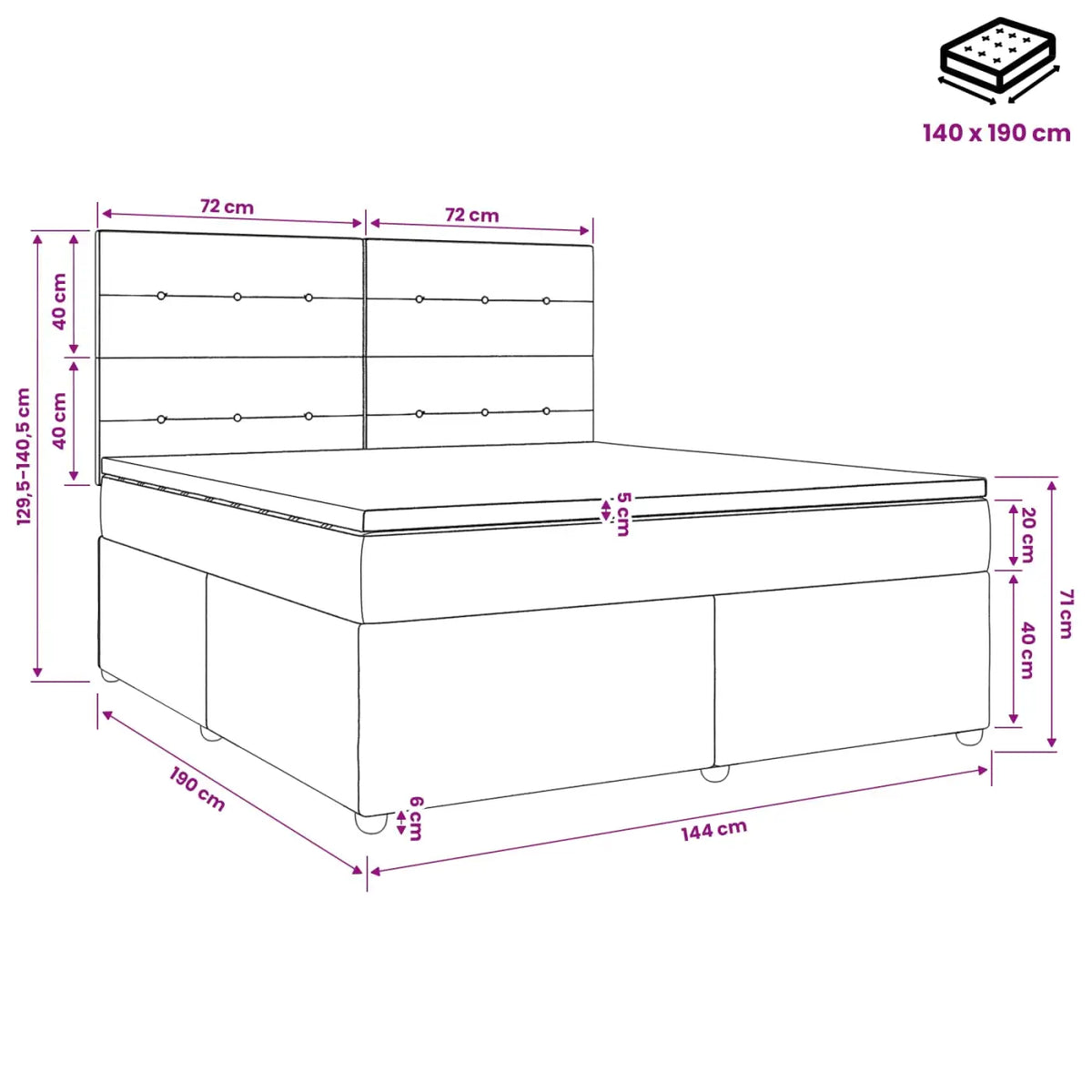 Lit boxspring avec matelas Gris foncé 140 x 190 cm Tissu - XIOS